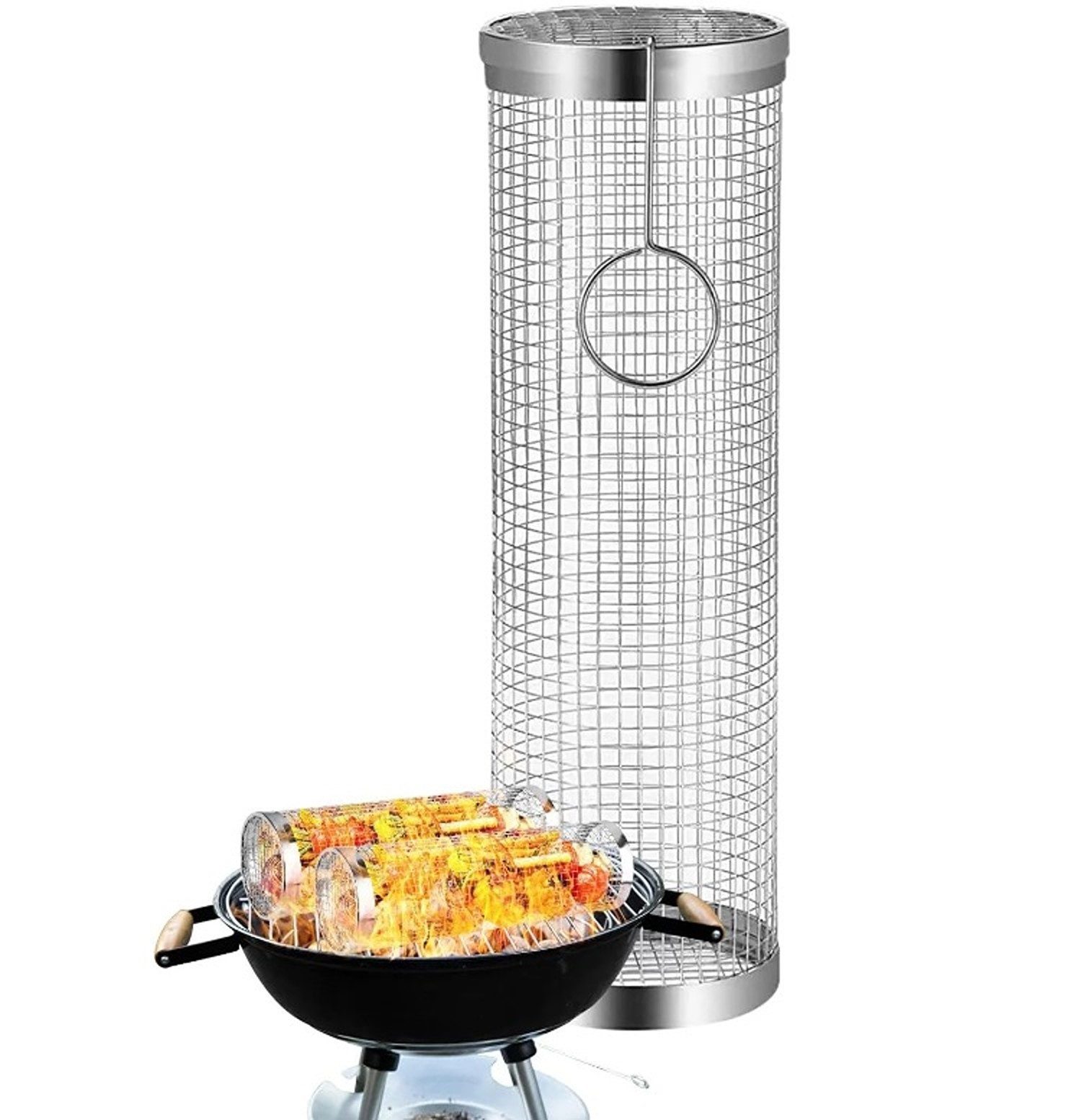 BAYLI Grillspieß Zylindrischer Grillkorb Rund aus Edelstahl mit 1x Haken, Rollendes