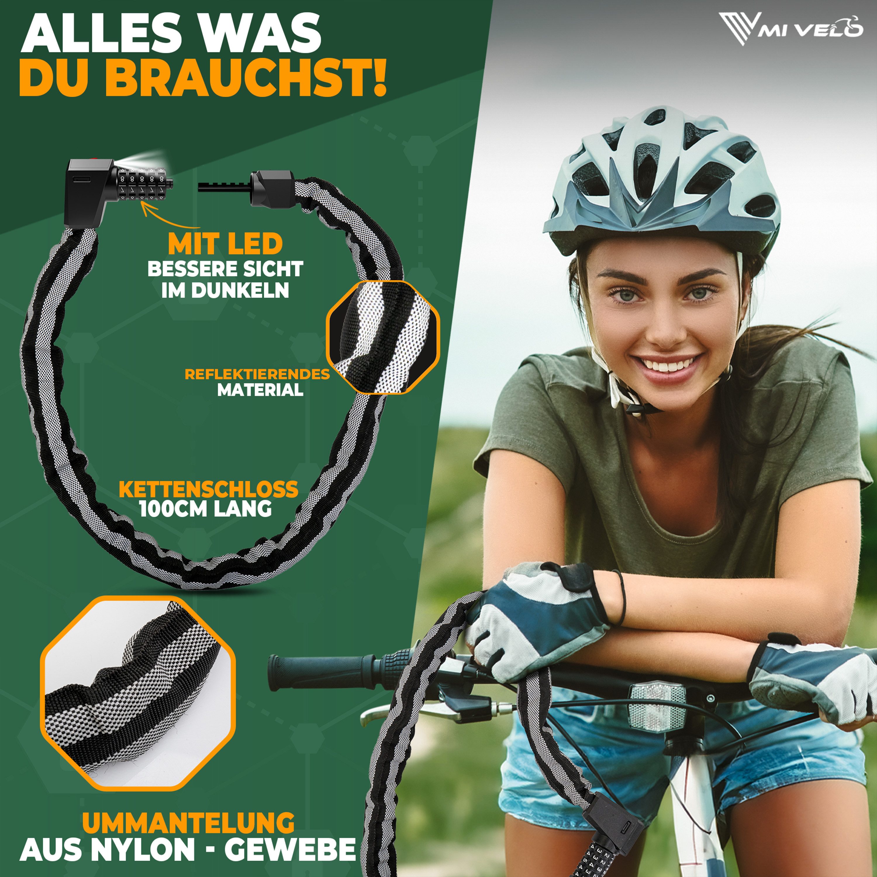 MIVELO Kettenschloss MIVELO FAHRRADSCHLOSS mit Zahlencode 100 cm Fahrrad Schloss, Vierkantstahl