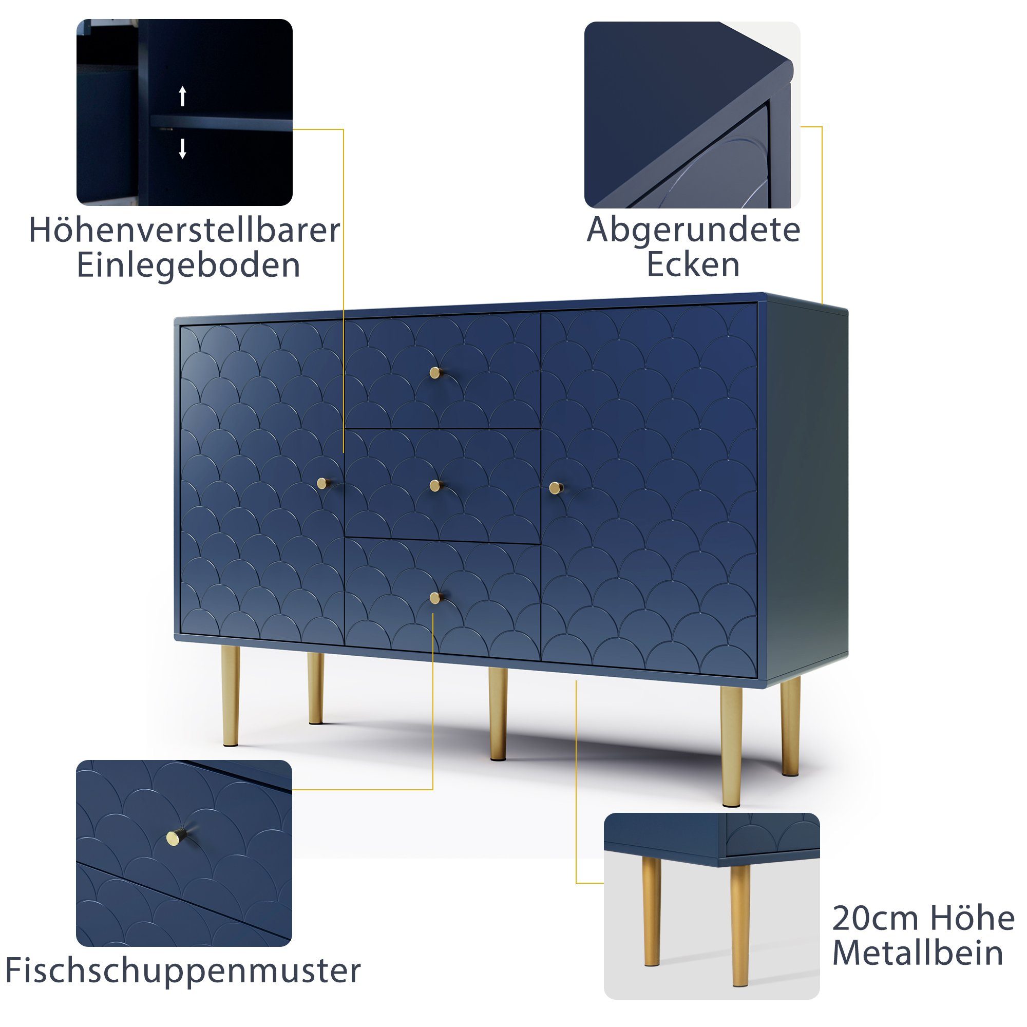 Kommode (1 St., Sideboard Schubladenschrank mit 3 Schubladen und 2 Türen), Fischschuppenmuster, Metallbeine, Verstellbare Ablage, 120*40*82 cm