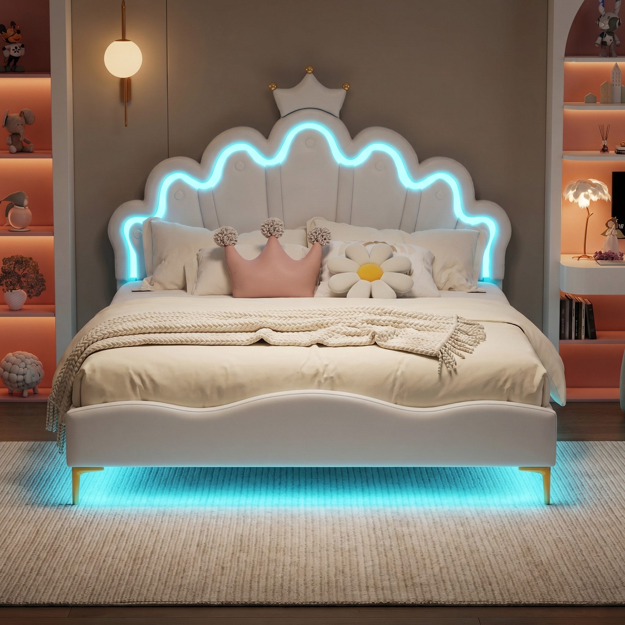 Simurq Kinderbett Mädchenbett 140x190 cm mit LED Verstellbares-Kopfteil in Kronenform (Versand in 2 Paketen, Jugendbett Gästebett für kinder/Erwachsenen,ohne Matratze), Prinzessin Bett, Polsterbett Bettgestell mit Lattenrost,PU-Leder
