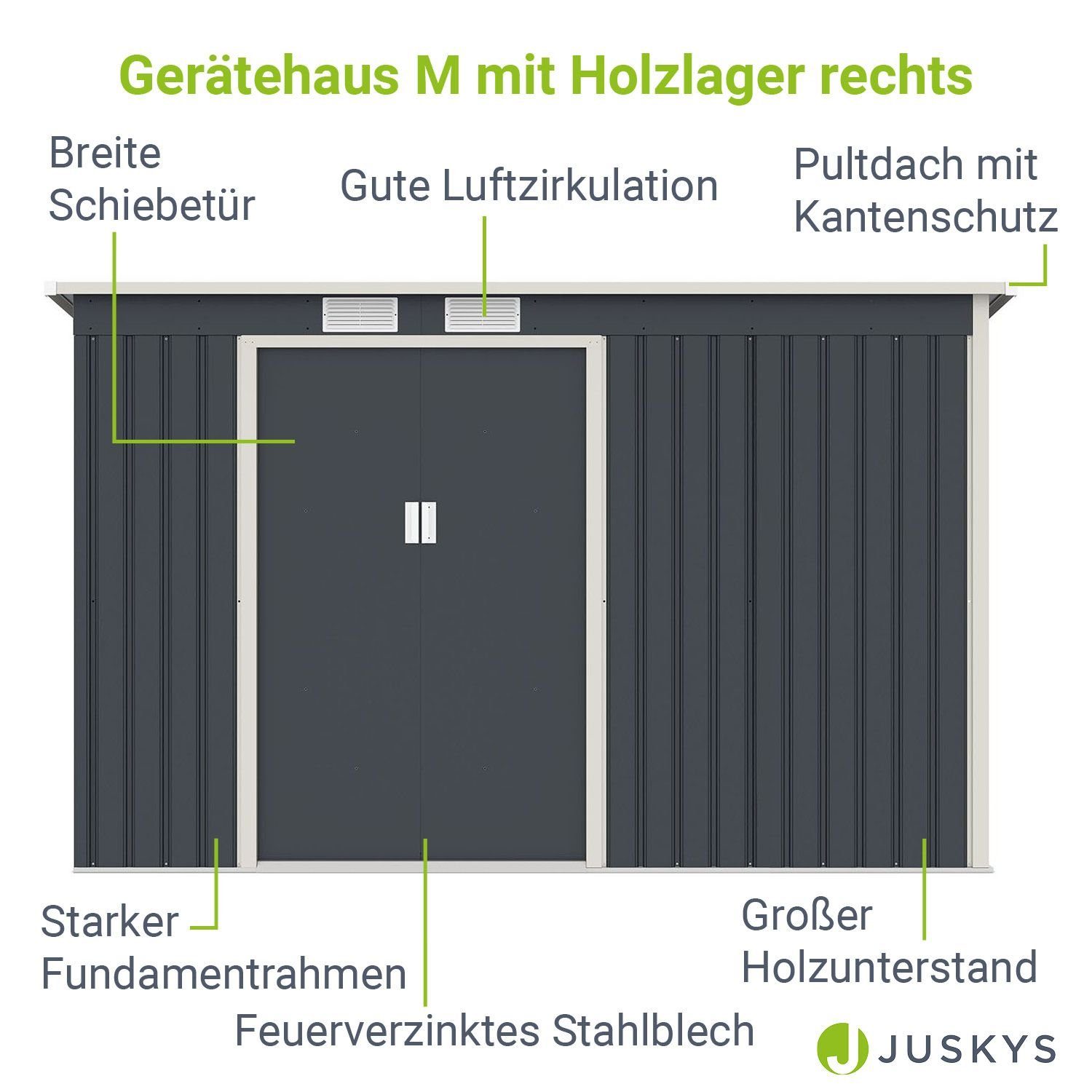 Juskys Gartenhaus M rechts, BxT: 278x130 cm, mit Holzunterstand rechts & Fundamentrahmen, wetterfest, stabil
