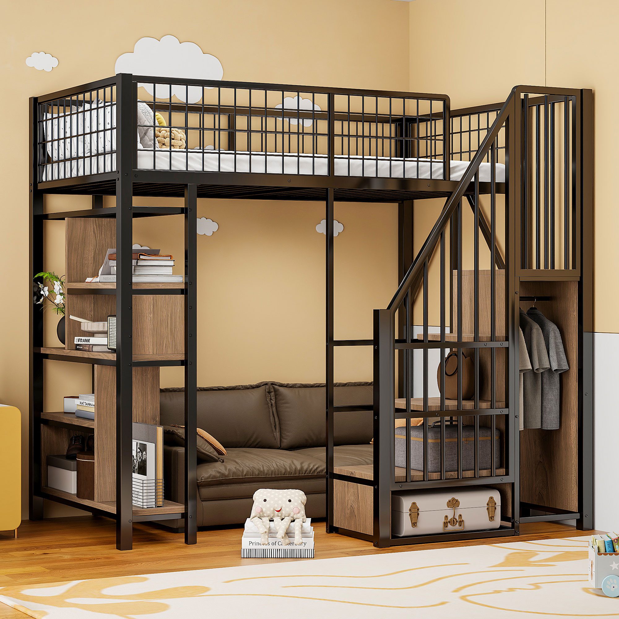 Merax Hochbett (Jugendbett Etagenbett Einzelbett, 1-St) Metallbett Kinderbett 90x200cm mit Stauraumtreppe,Ablageflächen & Zaun