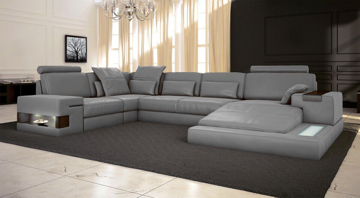 JVmoebel Ecksofa Ledersofa USB Design Sofa U Form Wohnlandschaft Polster Ecksofa LED Silber