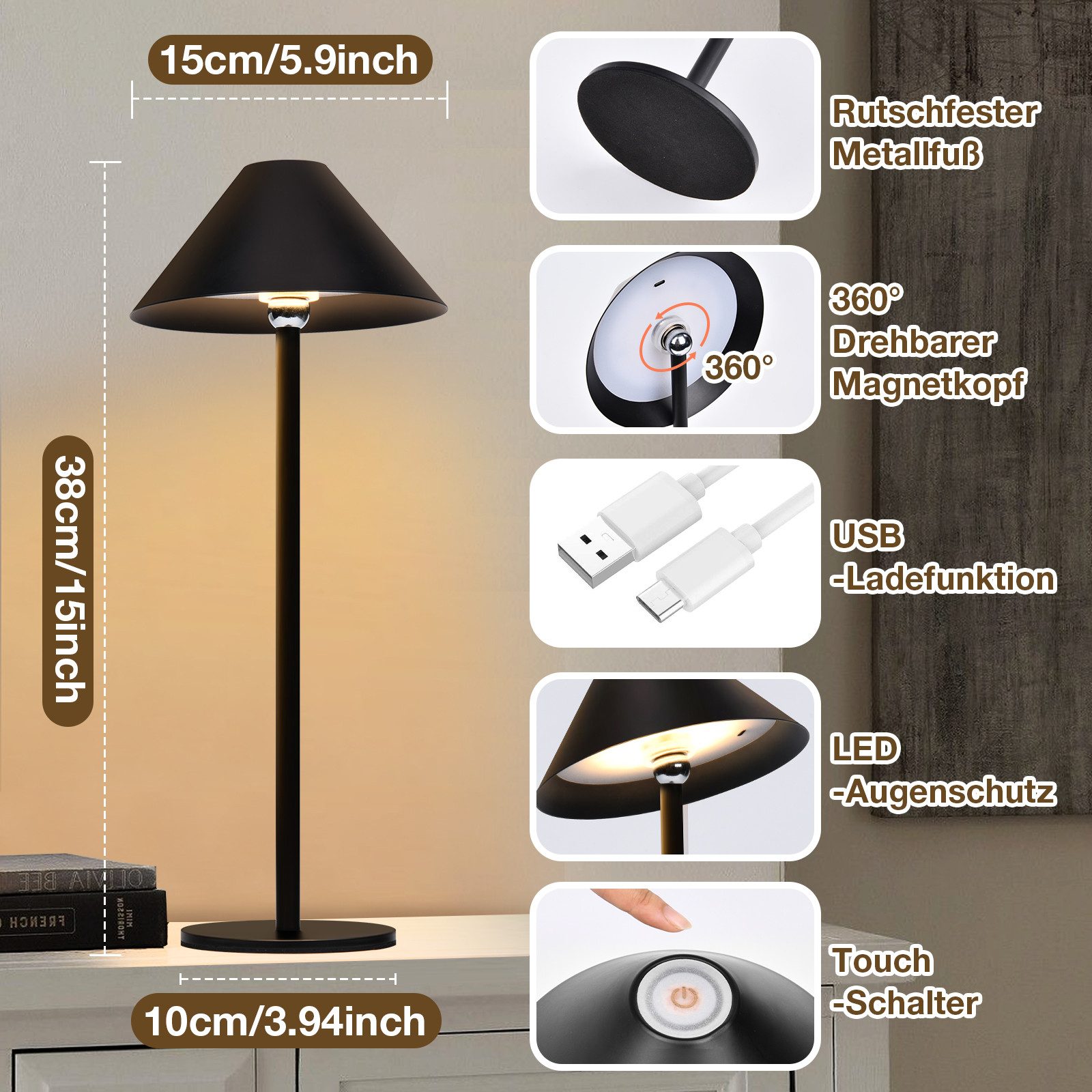 Lapalife Nachttischlampe LED Dimmbar Tischlampe Kabellos, Akku Tischleuchte, 3 Farbtemperaturen, Mit Touch Control für Indoor Nachttisch Terrasse Restaurant