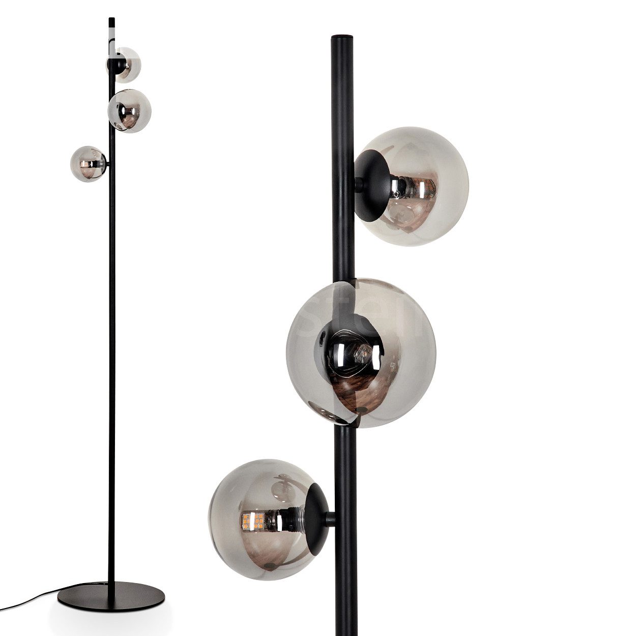 Stehlampe Stehlampe aus Metall/Glas in Schwarz/Rauchfarben