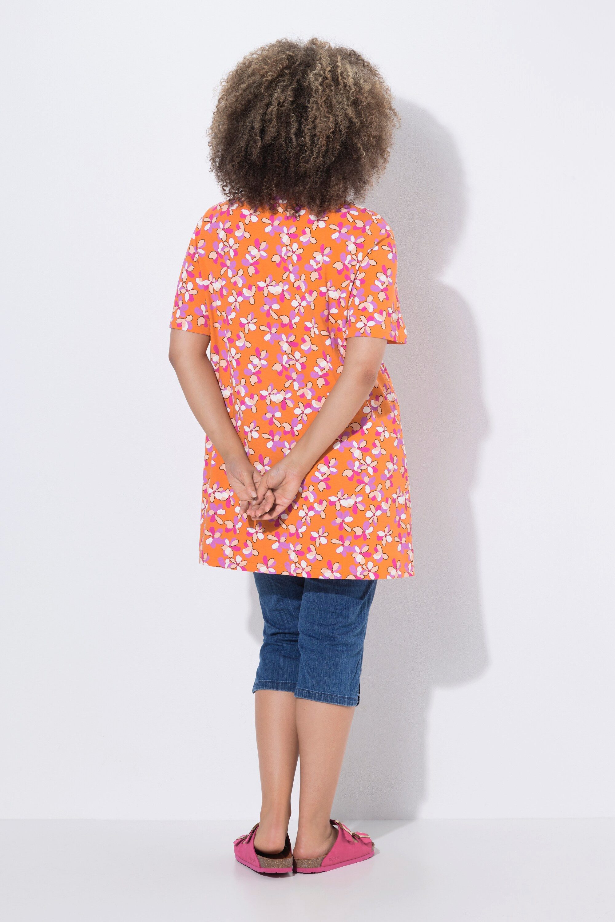 Ulla Popken Longshirt Longshirt Blüten Zierfalten A-Linie Rundhals