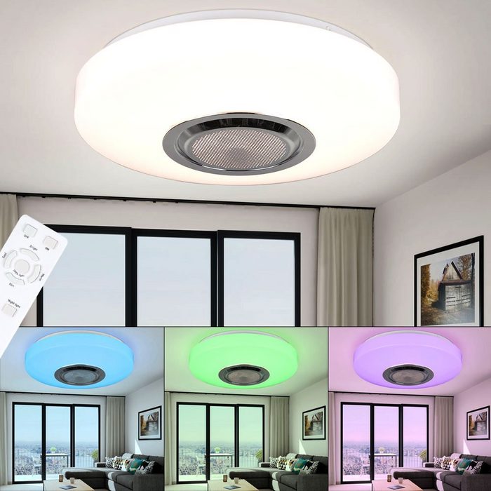 etc-shop LED Deckenleuchte LED-Leuchtmittel fest verbaut Warmweiß RGB LED Deckenlampe Bluetooth Lautsprecher mit Fernbedienung