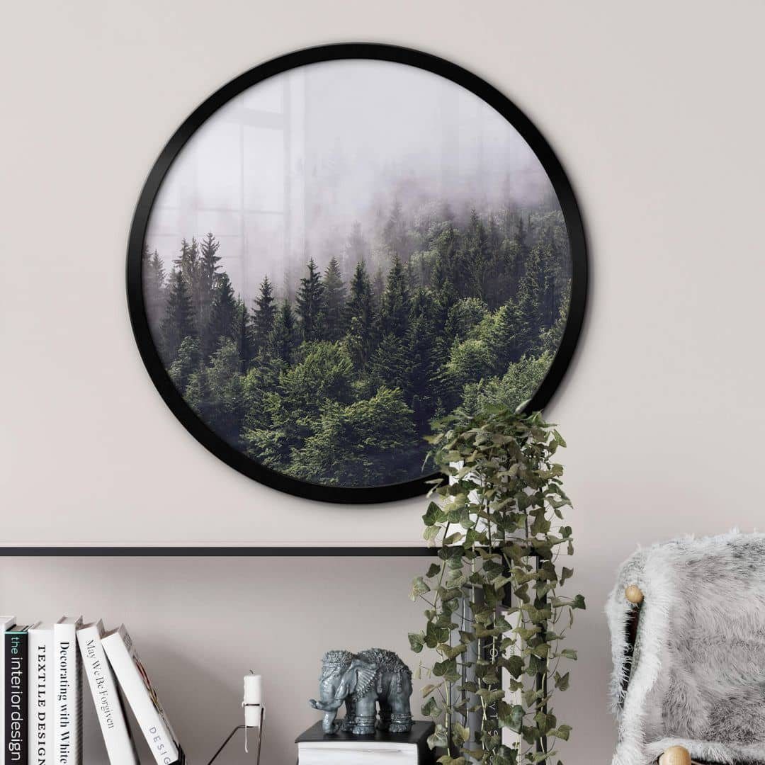 K&L Wall Art Poster Wandbild Poster Rund Vintage Schwarzwald Kunstdruck Nebliger Wald, Wohnzimmer Fotokunst modern