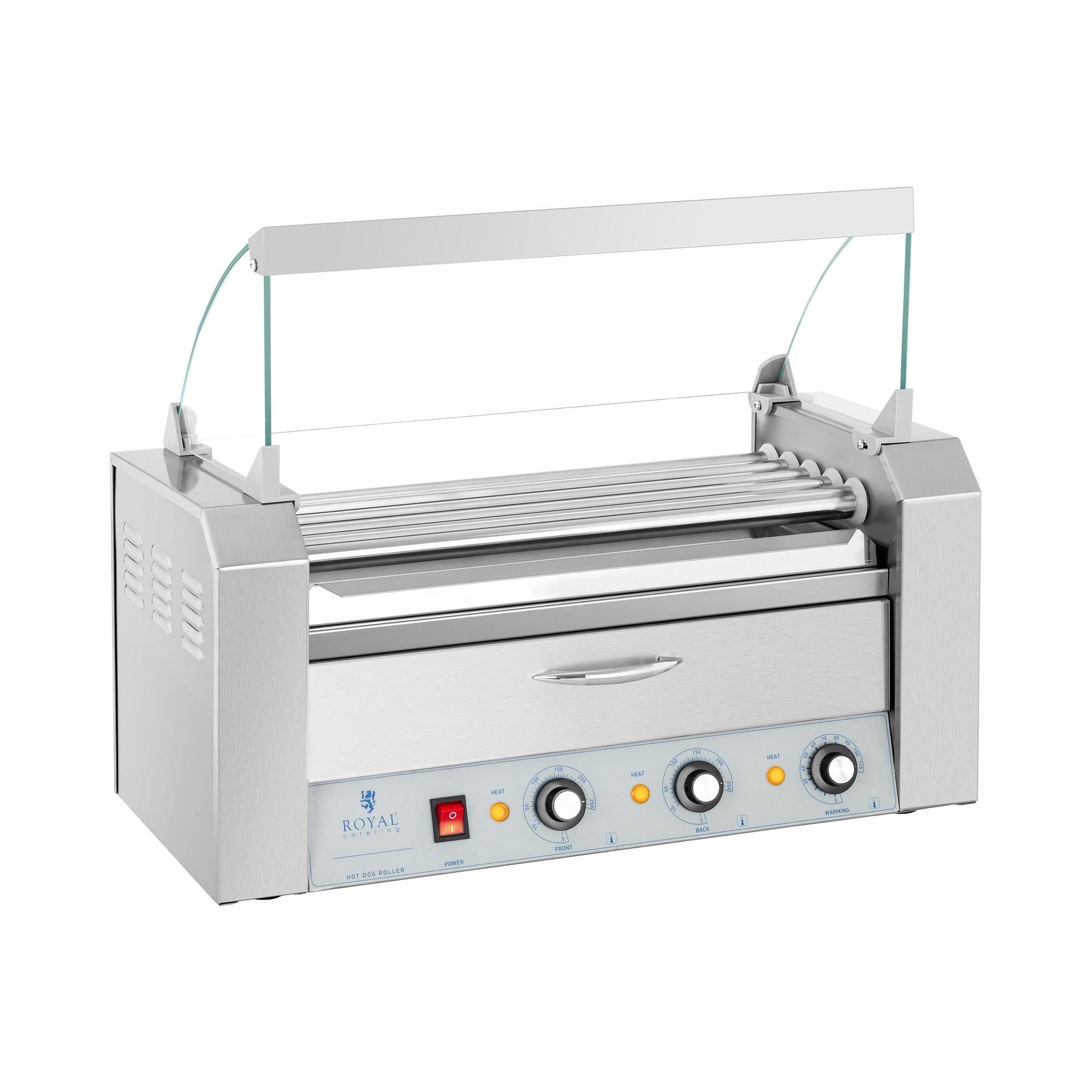 Royal Catering Elektrogrill Hot Dog Grill 2 Zonen Edelstahl Rollengrill Würstchengrill 5 Rollen, 1160 W, verschiedene Größen