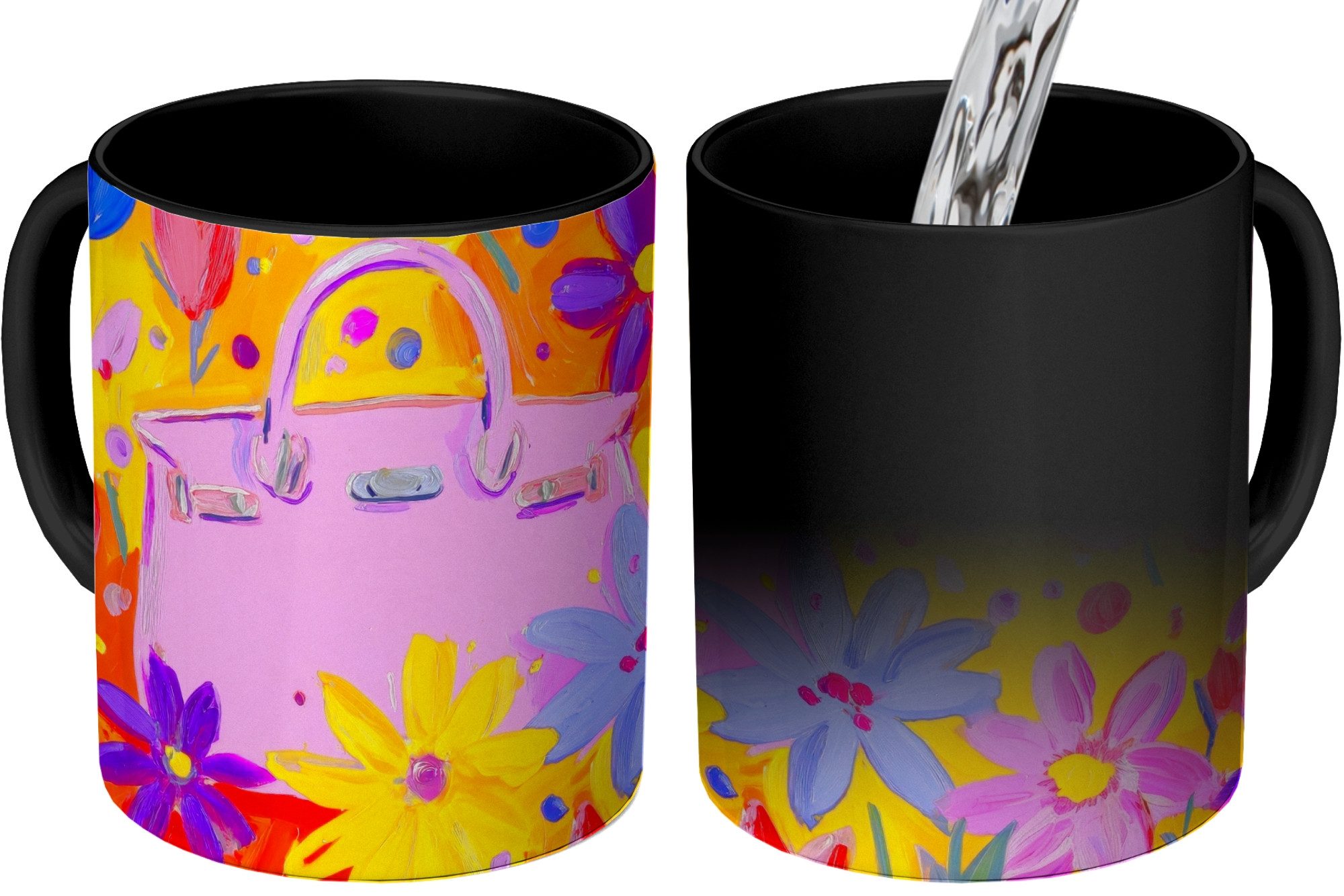 MuchoWow Tasse Tasche - Rosa - Blumen, 1-tlg., Keramik, Farbwechsel, Kaffee Tassen, Teetasse, Zaubertasse, Geschenk