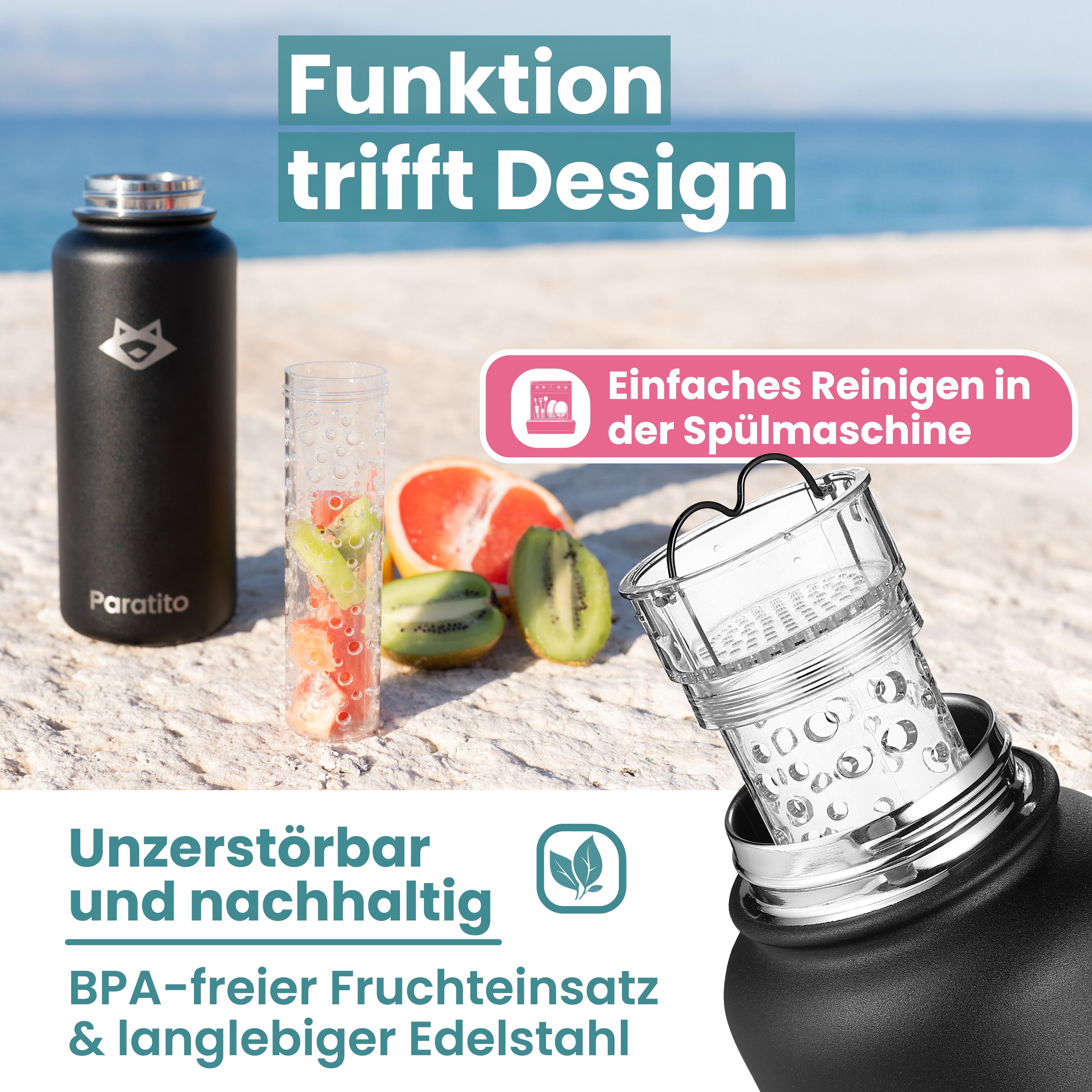 Paratito Isolierflasche Paratito® Frucht Bundle, Isolierflasche + Fruchteinsatz, Isolierflasche mit Fruchtfilter; Wasser aromatisieren; Trinkflasche