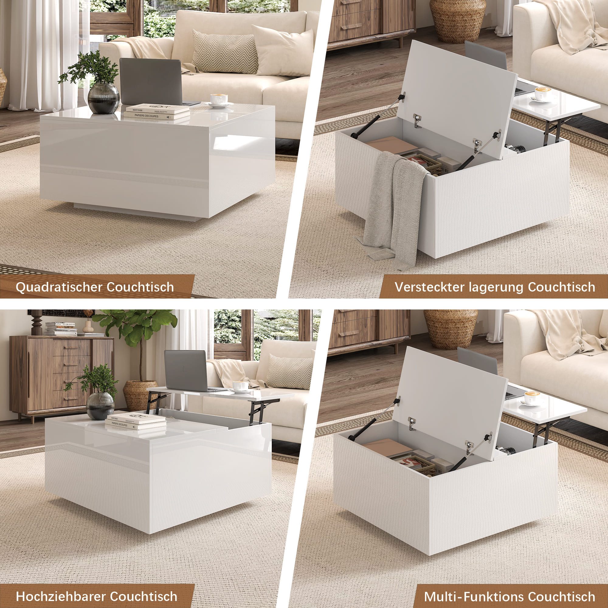 radelldar Couchtisch Wohnzimmertisch höhenverstellbar Stauraum (40-54) x 78 x 78cm (1-St), Höhenverstellbare Tischplatte – Bild 5 von 5