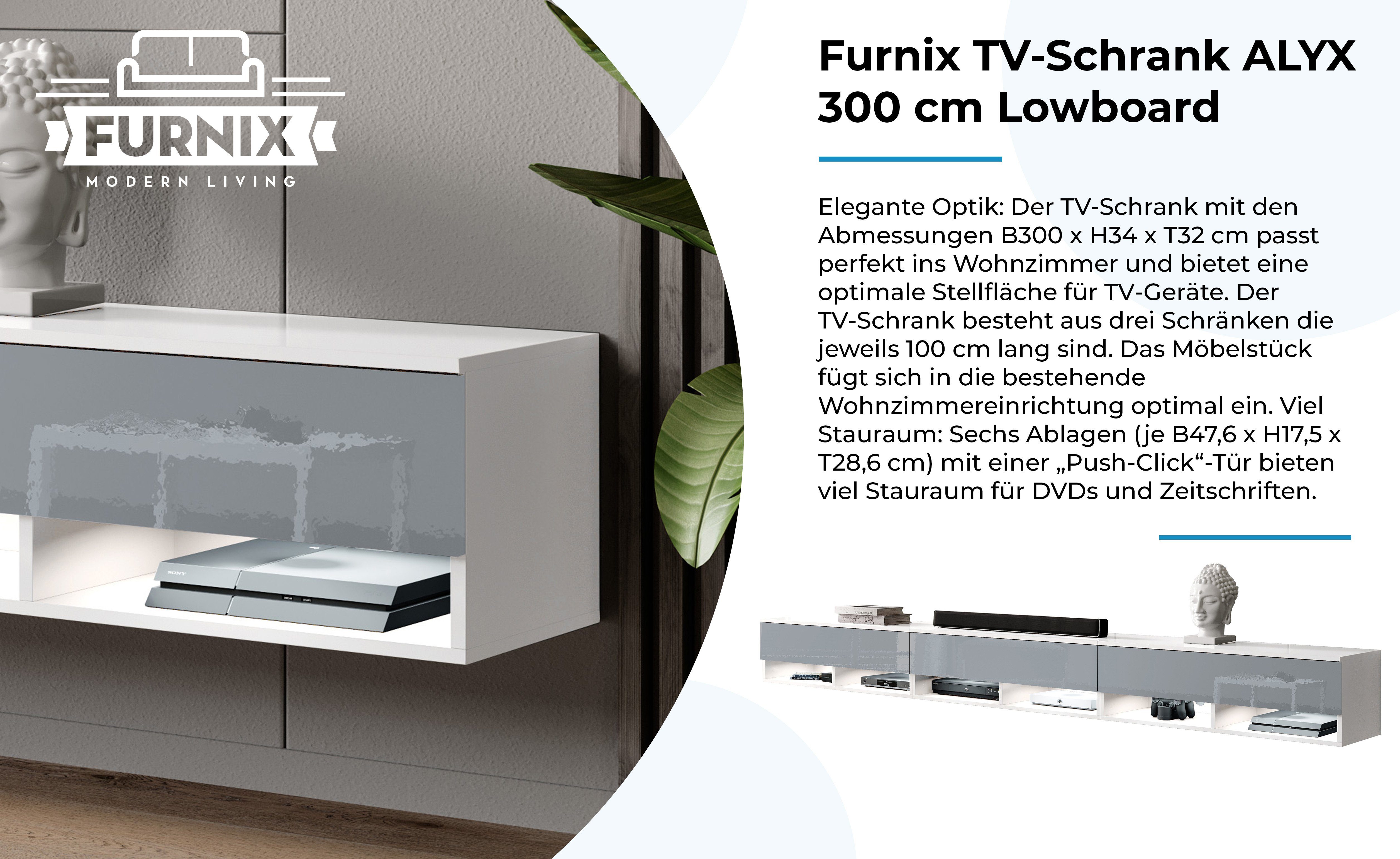 3 H34 TV-Schrank ohne Lowboard Furnix cm Glanz x x B300 Türen Weiß/Grau mit cm T32 LED ALYX TV-Kommode 300