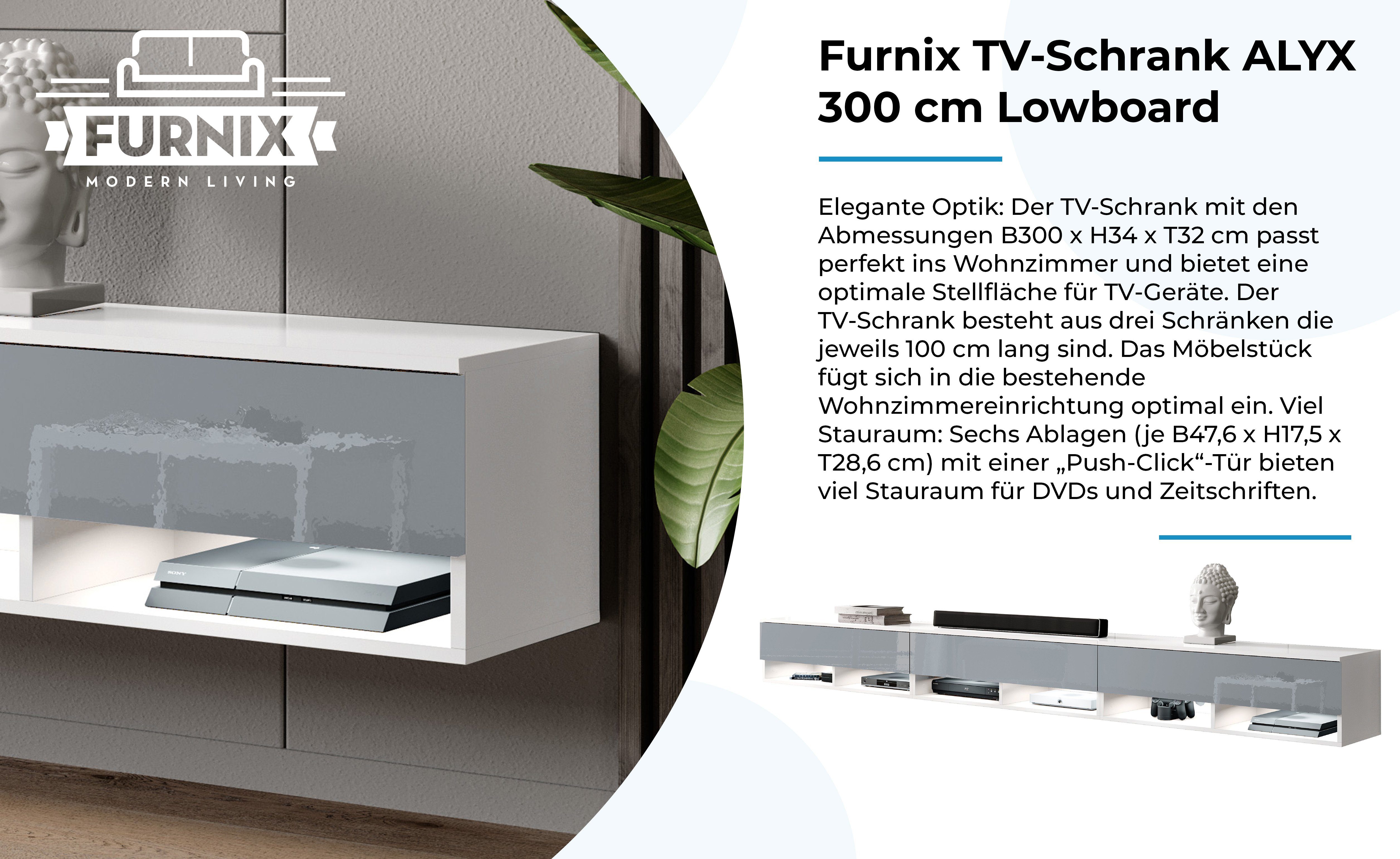 H34 mit Glanz Türen x ohne 3 B300 TV-Schrank Furnix Weiß/Grau LED 300 cm x ALYX TV-Kommode cm Lowboard T32