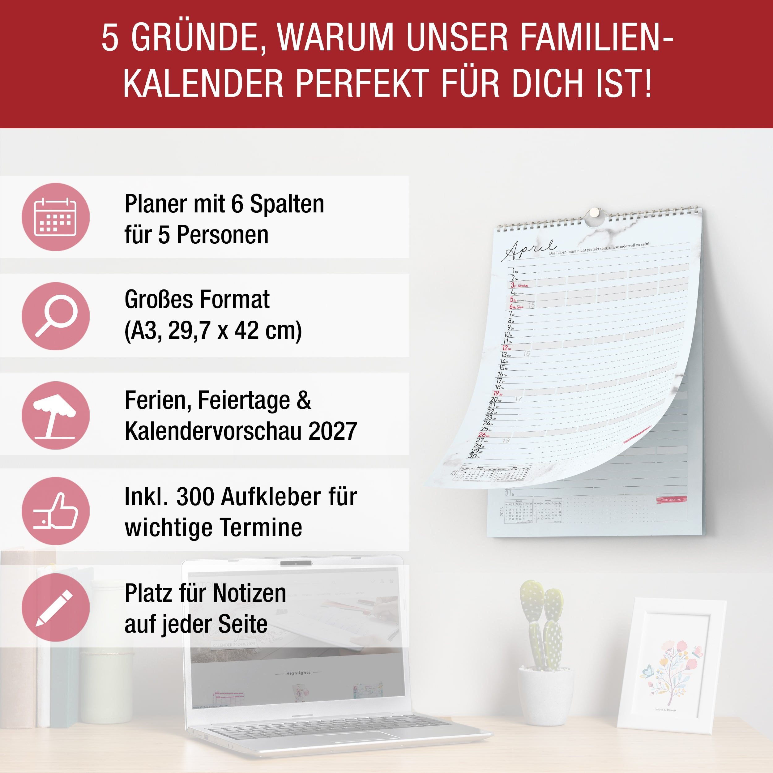 Thumbnail - TOBJA Wandkalender Familienkalender 2026 5 Spalten mit 300 Stickern, Familienplaner 2026 XXL 6 Spalten