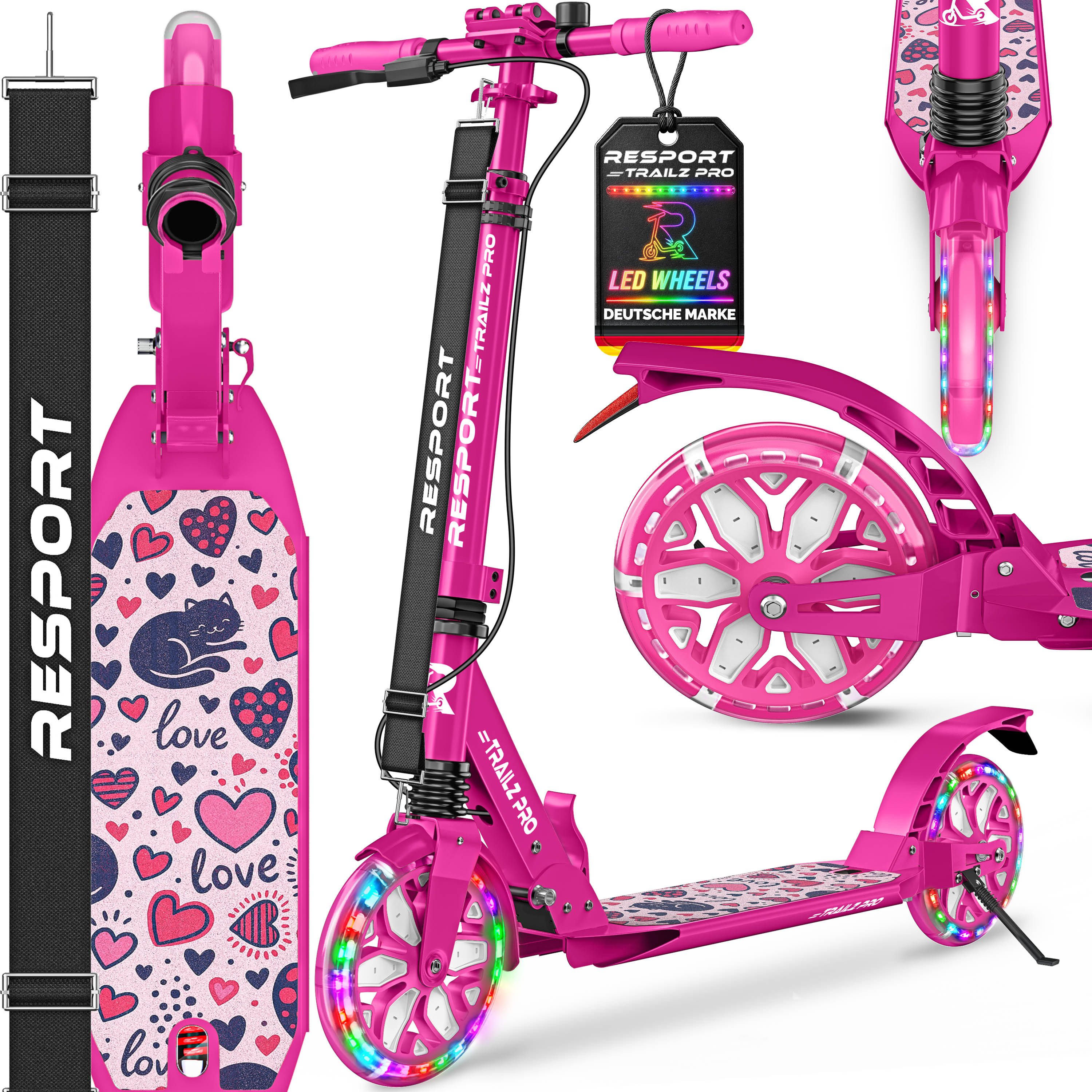 RE:SPORT Cityroller RE:SPORT® Trailz Pro Cityroller Scooter inkl. Tragegurt und Klingel, (Scooter höhenverstellbar & klappbar, Kickscooter Tretroller inkl. Handbremse & Doppelfederung), Cityroller für Kinder & Erwachsene mit LED, Klingel & Tragegurt
