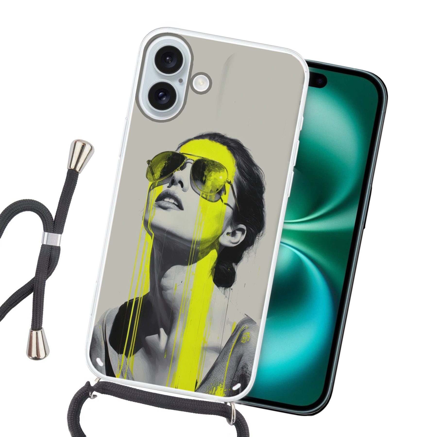 MuchoWow Handyhülle für Apple iPhone 16 Plus Frau - Brille - Farbe, Tragbare Handyhüllen mit Kette zum umhängen, Handykette Handyband