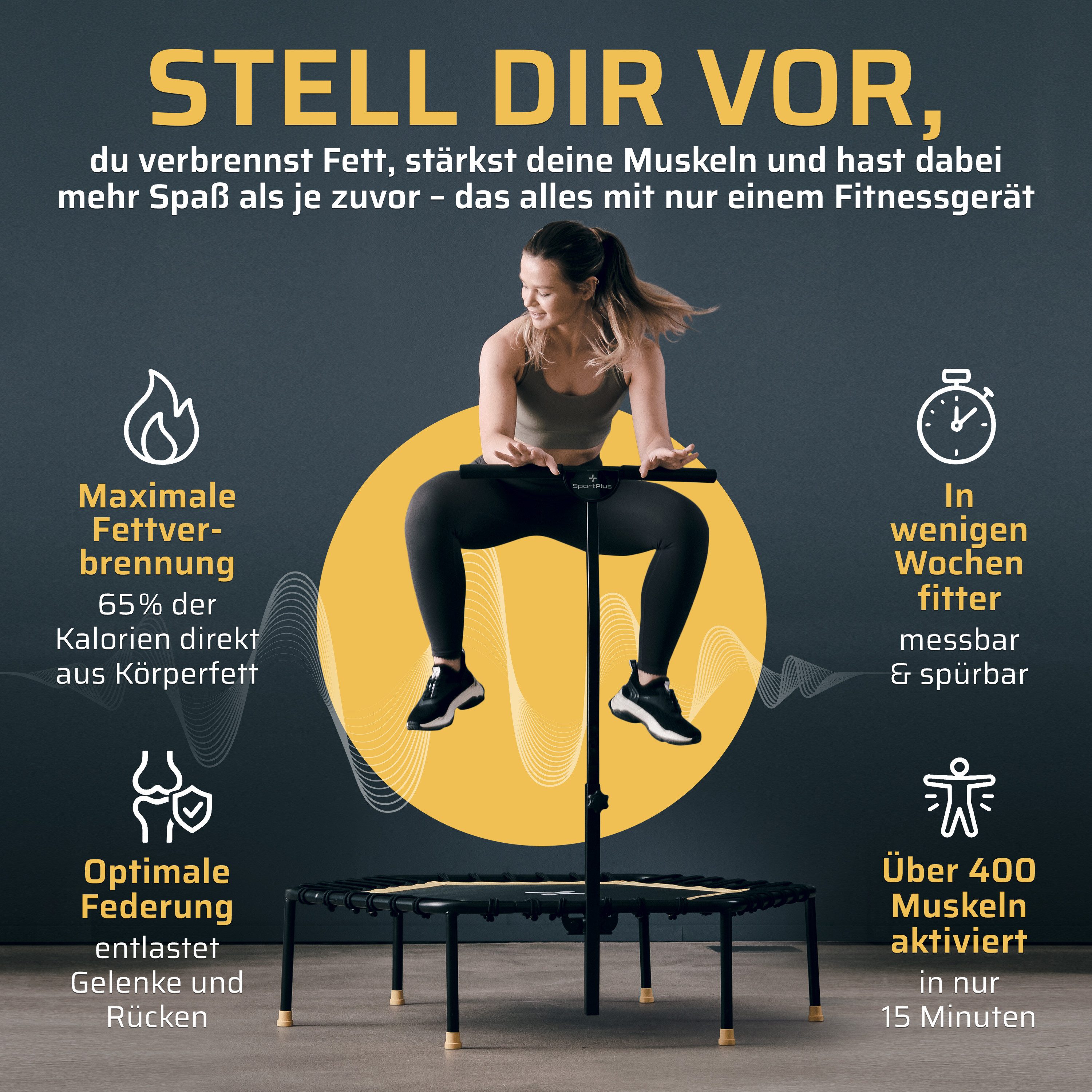 SportPlus Fitnesstrampolin SP-T-1100-Y, Ø 126 cm, mit Haltefunktion, Indoor Jumping, Gummiseile, Ø 126 cm