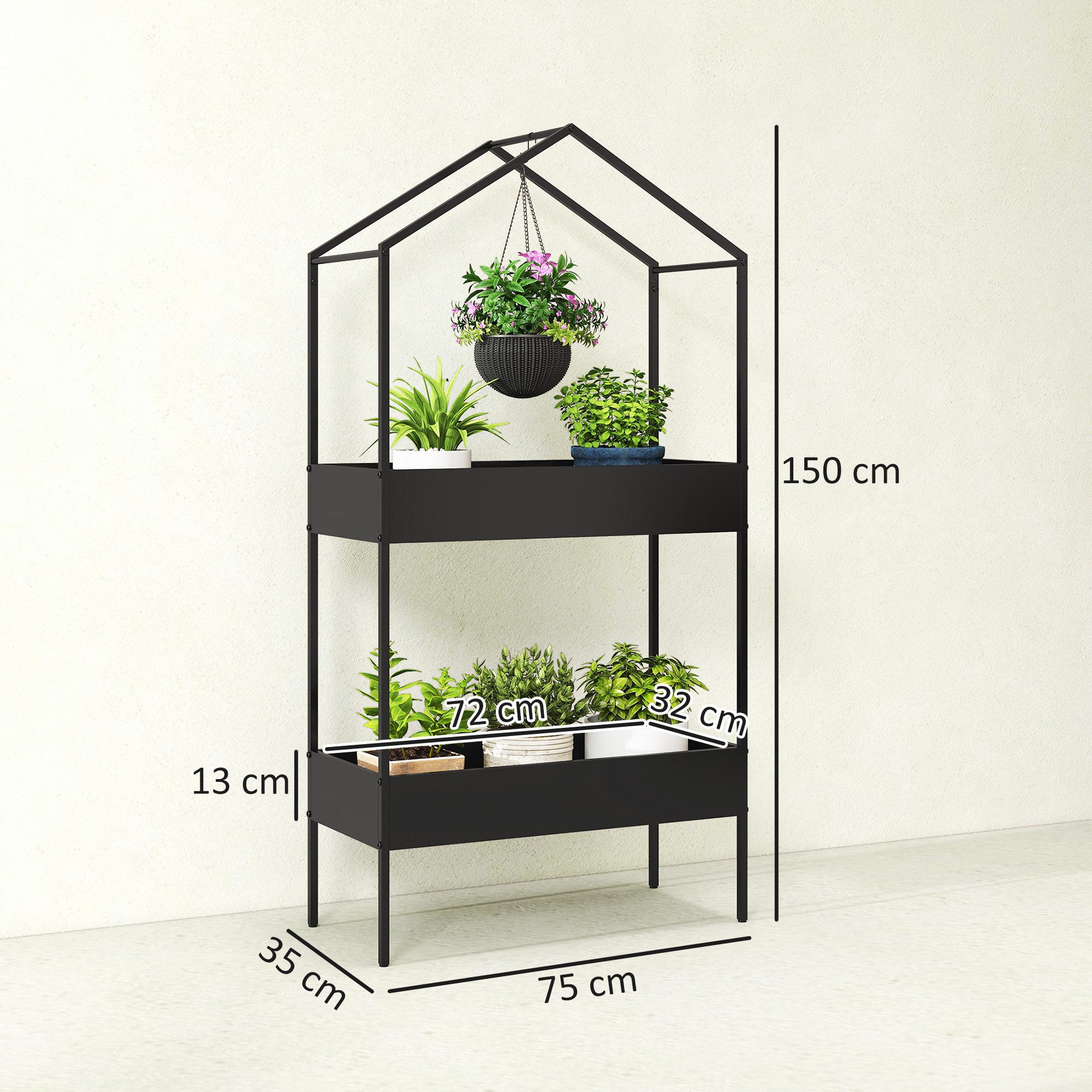Outsunny Pflanzentreppe Pflanzenregal mit Haken, mehrstöckig Blumentopfständer (Blumenständer, 1 St., Pflanzenständer), für Garten Balkon Deko, Schwarz – Bild 3 von 5