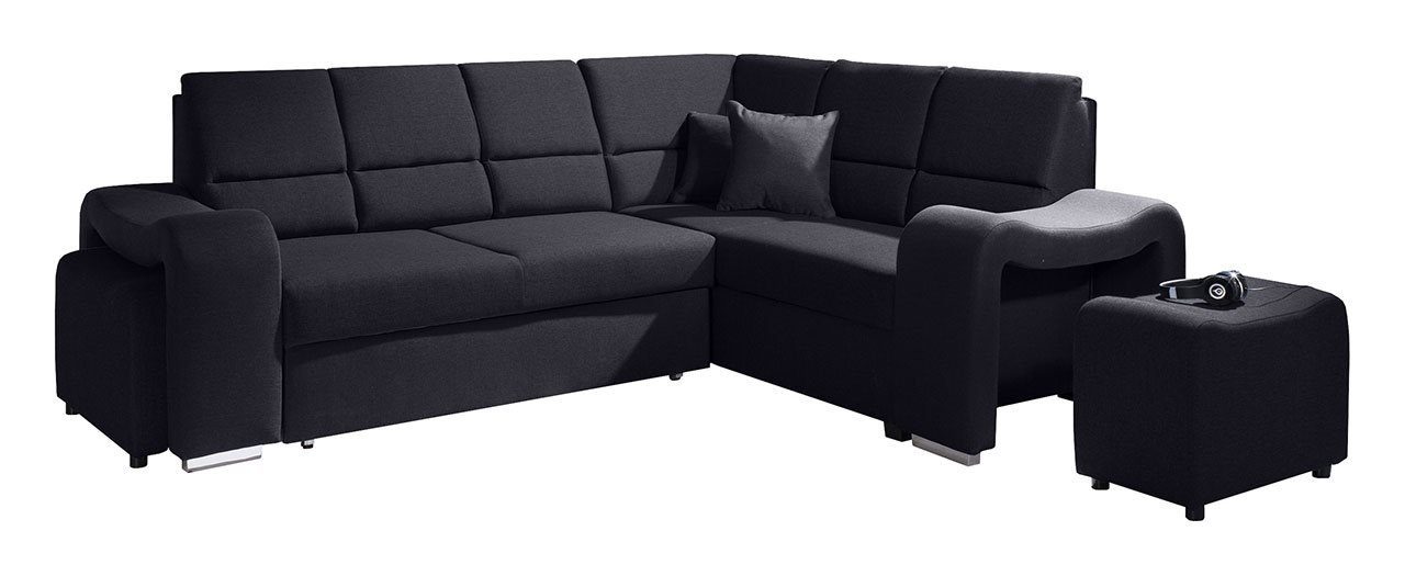 MKS MÖBEL Ecksofa Schlaffunktion, Couch L-Form Schwarz Hocker - 2 AKIWA, mit Wohnlandschaft