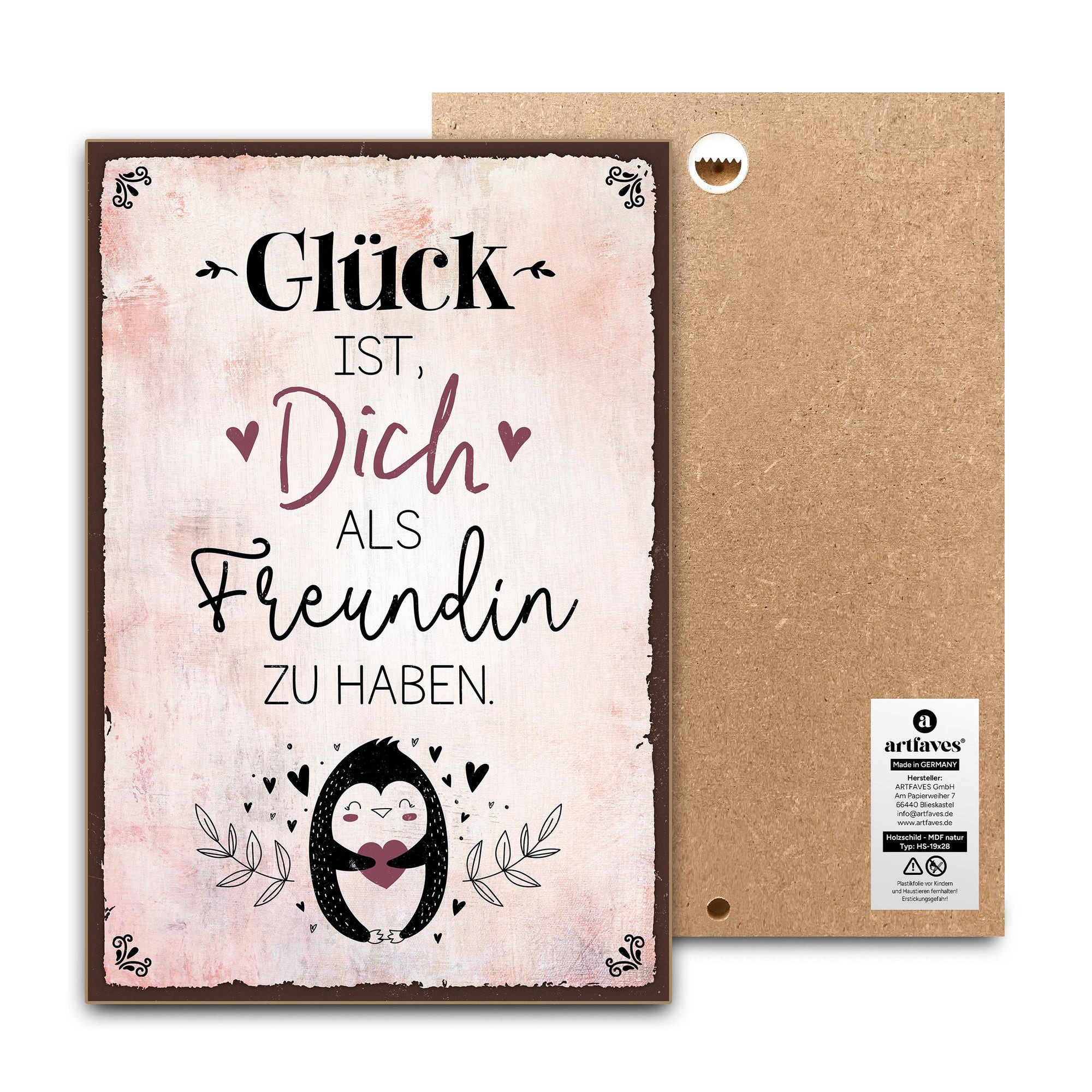 ARTFAVES Holzbild Schild mit Spruch - Glück ist Dich als Freundin zu haben - Freundschaf
