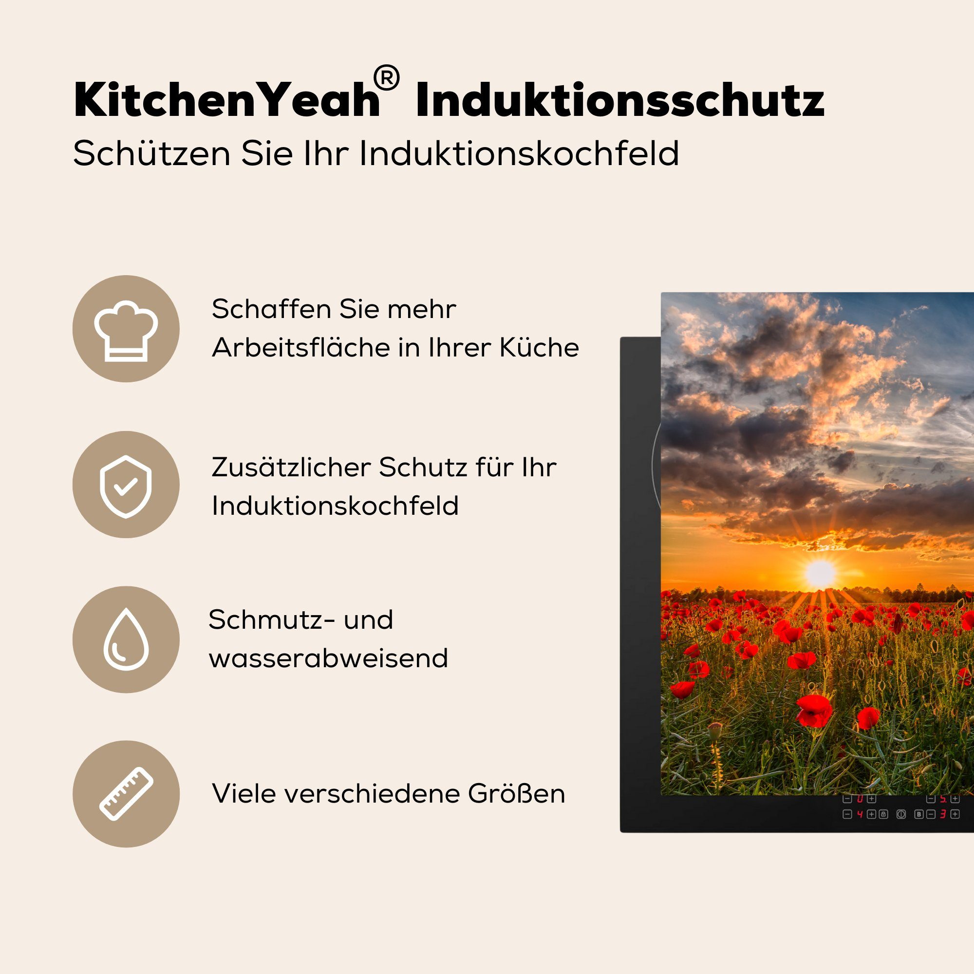 MuchoWow Herdblende-/Abdeckplatte Mohnblumen Sonne, - küche, (1 - die Vinyl, 81x52 Blumen cm, Schutz für tlg), Ceranfeldabdeckung Induktionskochfeld