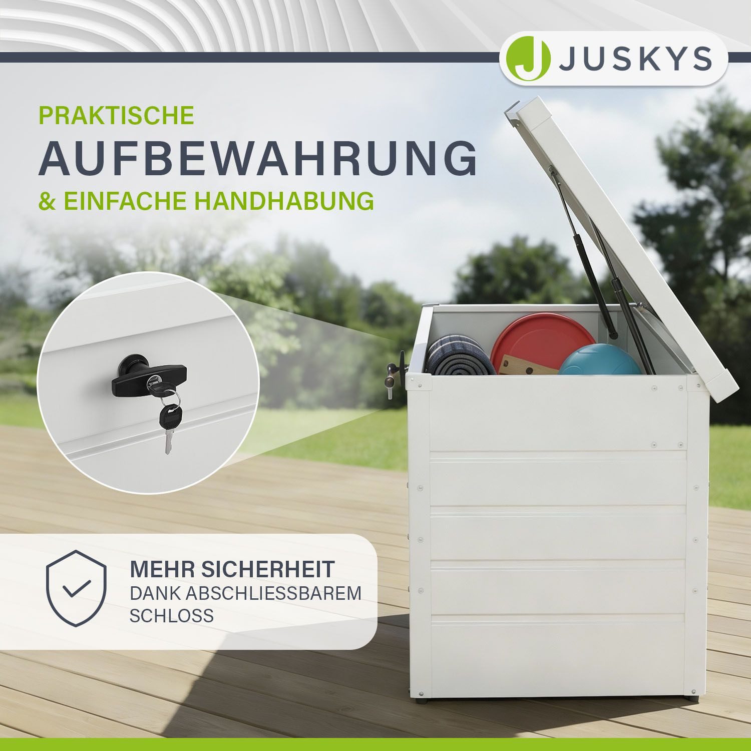 Juskys Gartenbox Limani, einfacher Aufbau, zeitlose Optik, Hubautomatik-Deckel