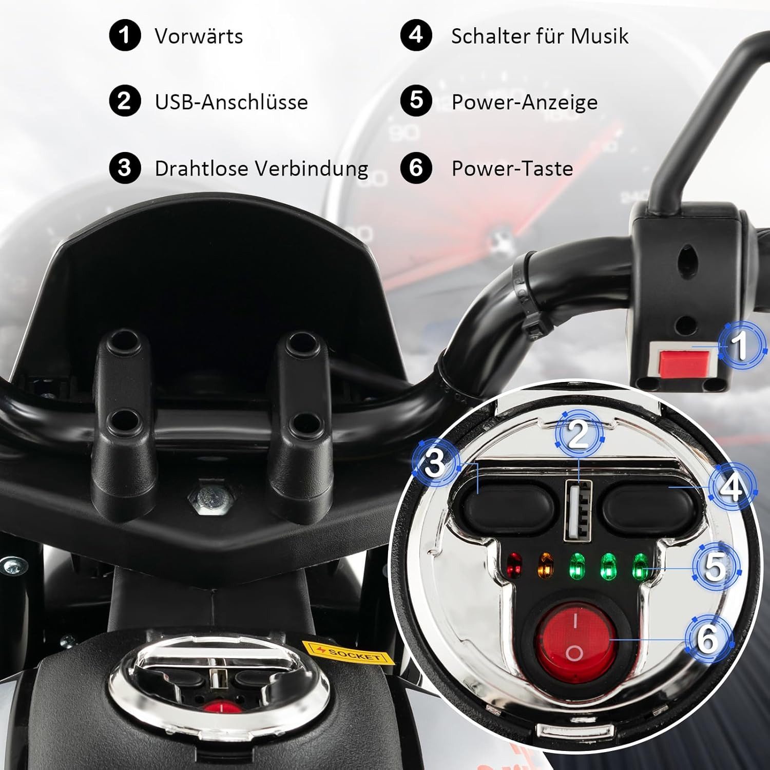 KOMFOTTEU Elektro-Kindermotorrad, mit 2 Stützrädern, Scheinwerfer, Musik