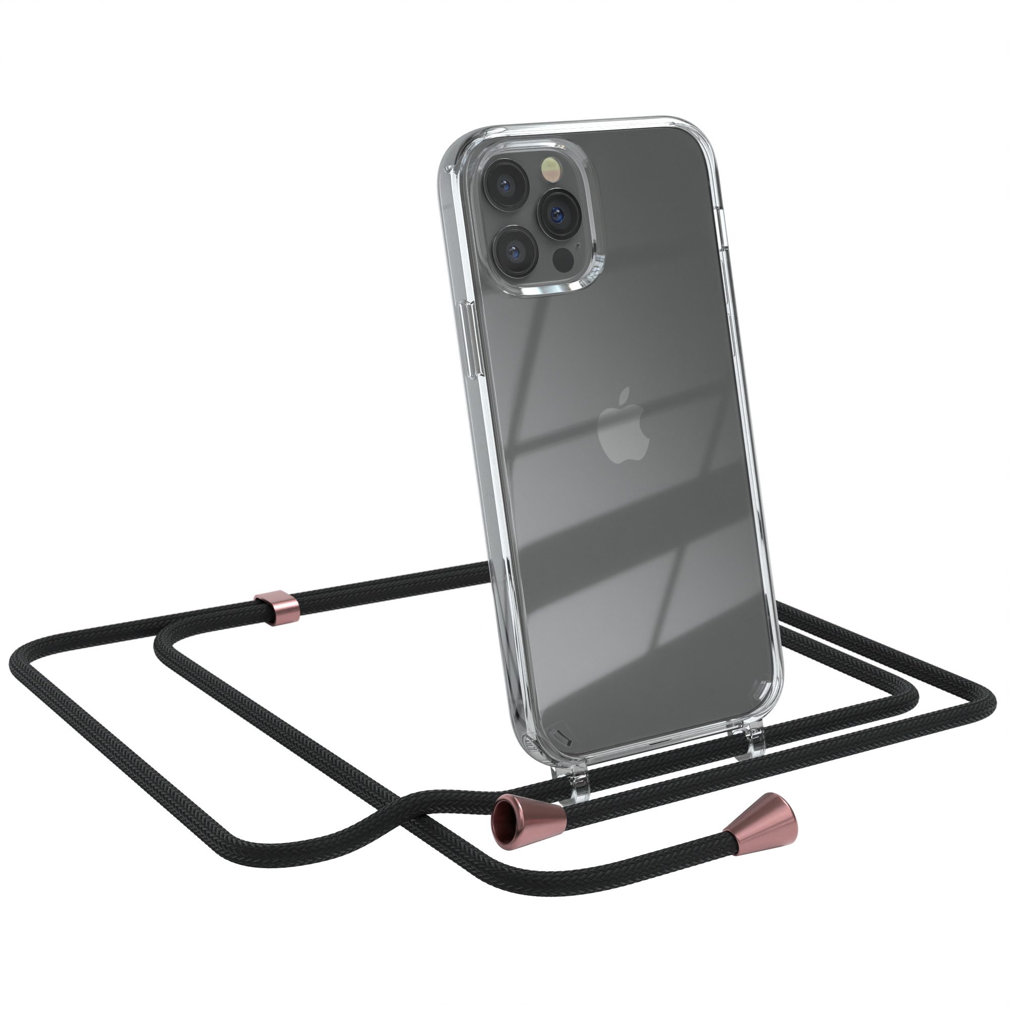 EAZY CASE Handykette Hülle mit Kette für Apple iPhone 12 / 12 Pro 6,1 Zoll, Handykordel Smartphonekette für Unterwegs Festivalbag Schwarz Rosé