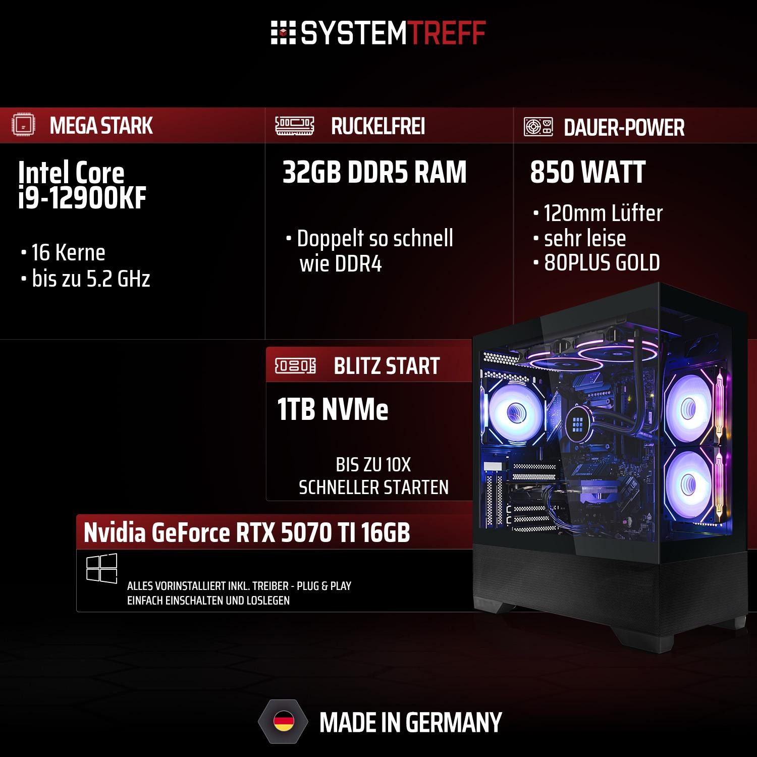 SYSTEMTREFF Intel Core i9-12900KF mit Nvidia GeForce RTX 5070 TI 16GB Gaming-PC (Intel 12900KF 12900KF, Nvidia GeForce RTX 5070 Ti, 32 GB RAM, 1000 GB SSD, Wasserkühlung)