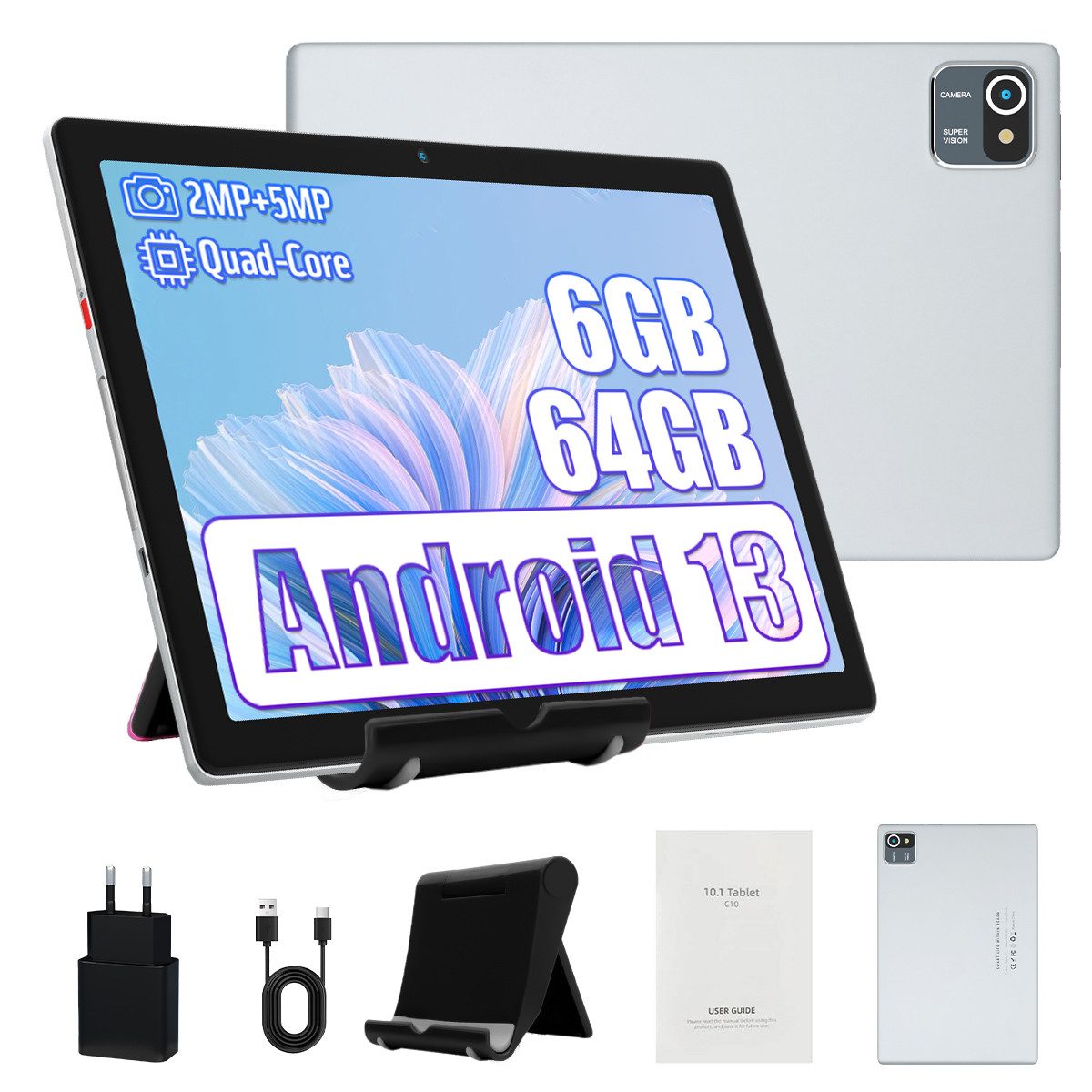 Happybe 10 Zoll HD Display 6GB RAM 64GB Erweiterbar auf 128 GB WiFi Android 13 Tablet (10,1", 64 GB, Android 13, WiFi, Große Kapazität, Google-Diensten und -Apps, mit Ständer)