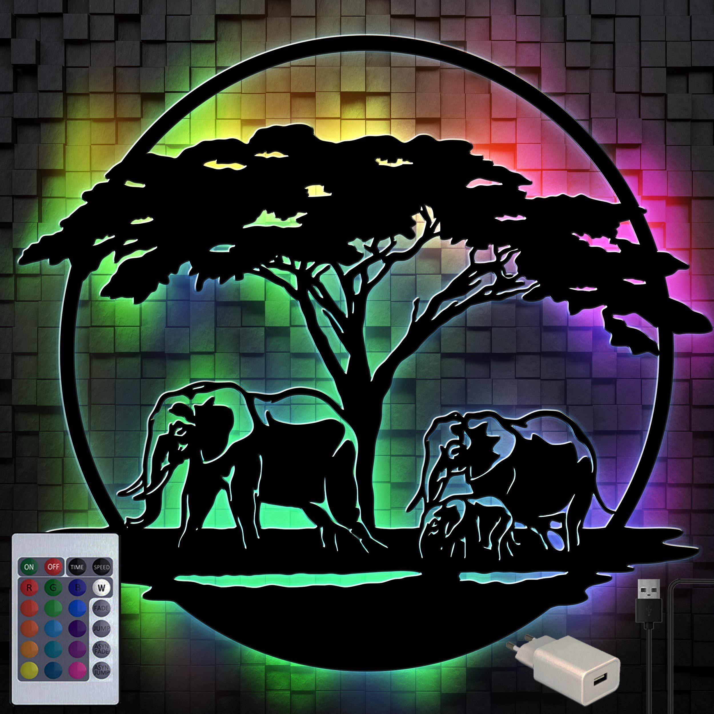 Deko fest Wanddeko - integriert, LED Geschenke LED Farbwechsler Holz Dekolicht USB Wandtattoo, Elefanten Namofactur LED