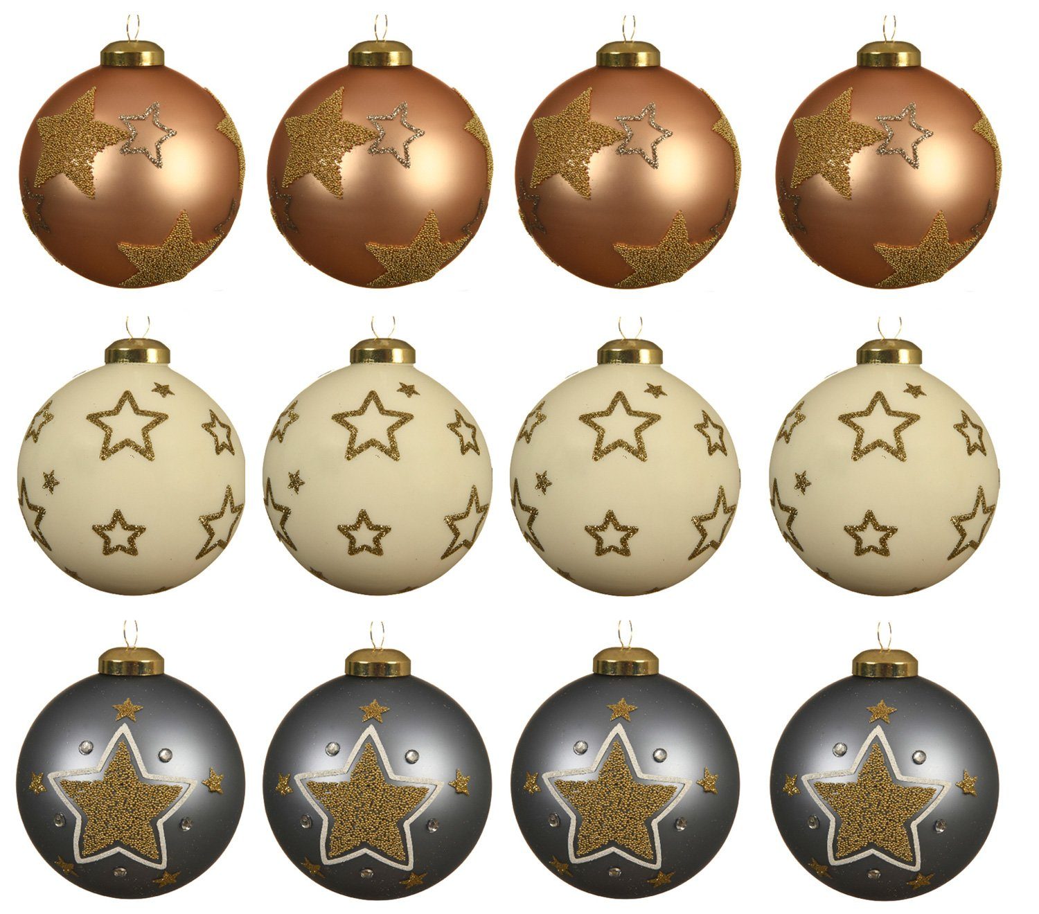 Decoris season decorations Glas 12er Set beige Weihnachtsbaumkugel, / grau mit 8cm Muster Weihnachtskugeln Sternen