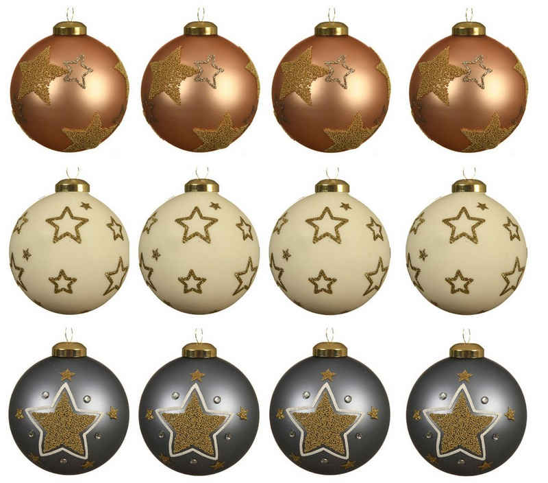 Decoris season decorations Weihnachtsbaumkugel, Weihnachtskugeln Glas 8cm mit Sternen Muster 12er Set beige / grau