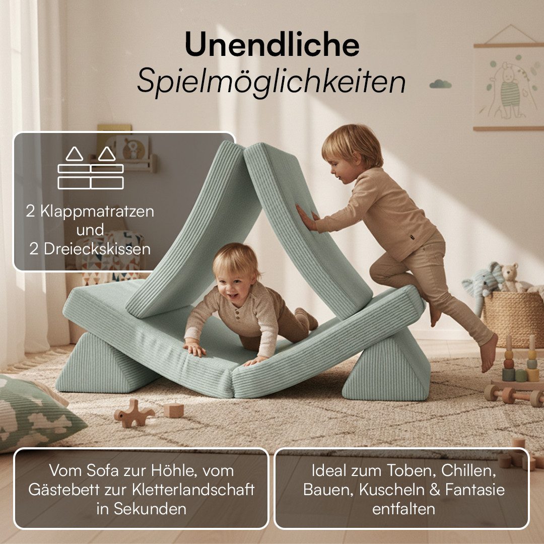 Bellabino Kindersofa Nile aus Schaumstoff Teilen, modulare Kinderspielcouch aus Cord, Türkis, Maxi-Variante, Cordbezug abnehmbar & waschbar, 160x52x75cm, Oeko-T – Bild 3 von 5