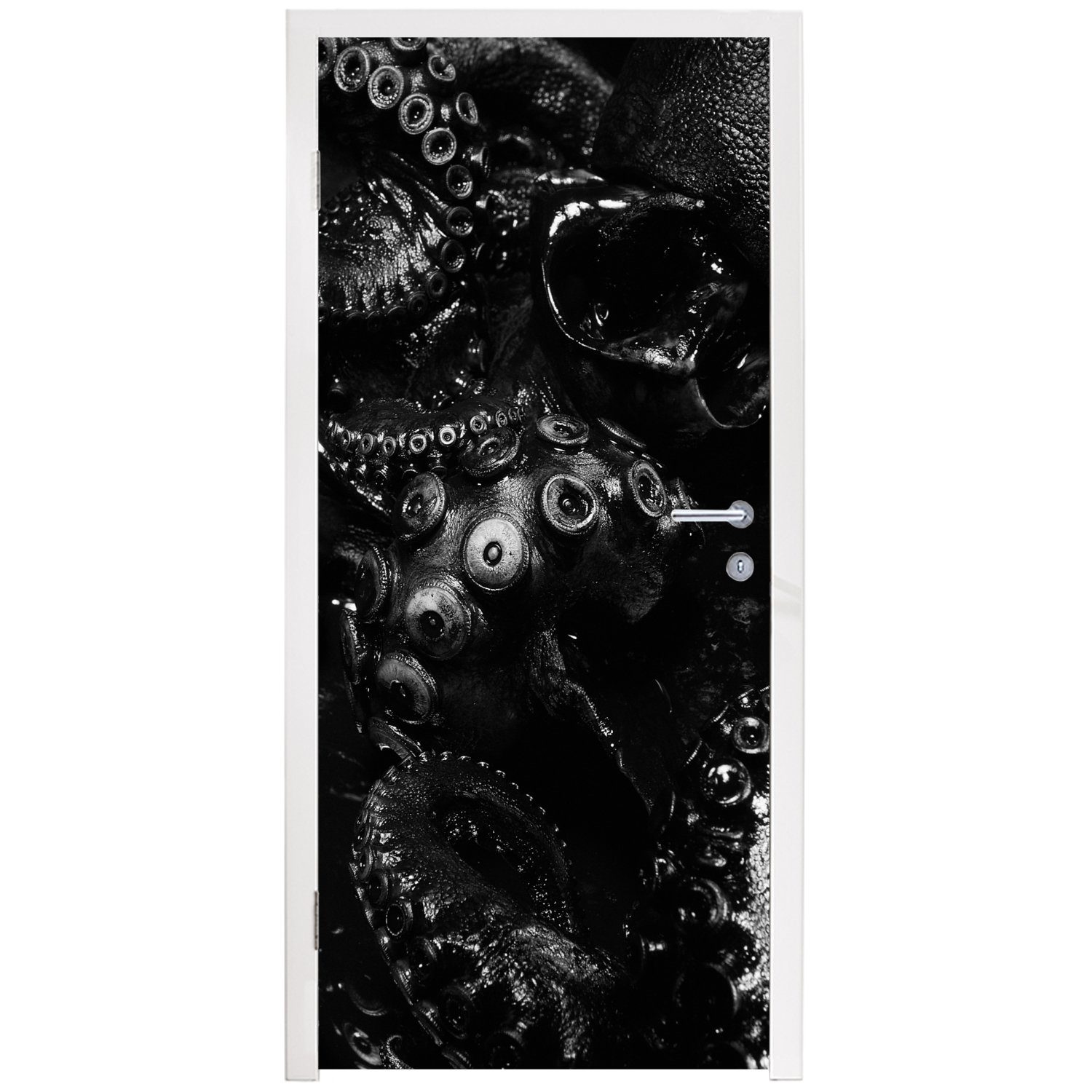 cm auf Nahaufnahme schwarzem MuchoWow Türtapete Hintergrund weiß, St), Oktopus bedruckt, Türaufkleber, für Tür, schwarz 75x205 Fototapete und (1 in Matt,