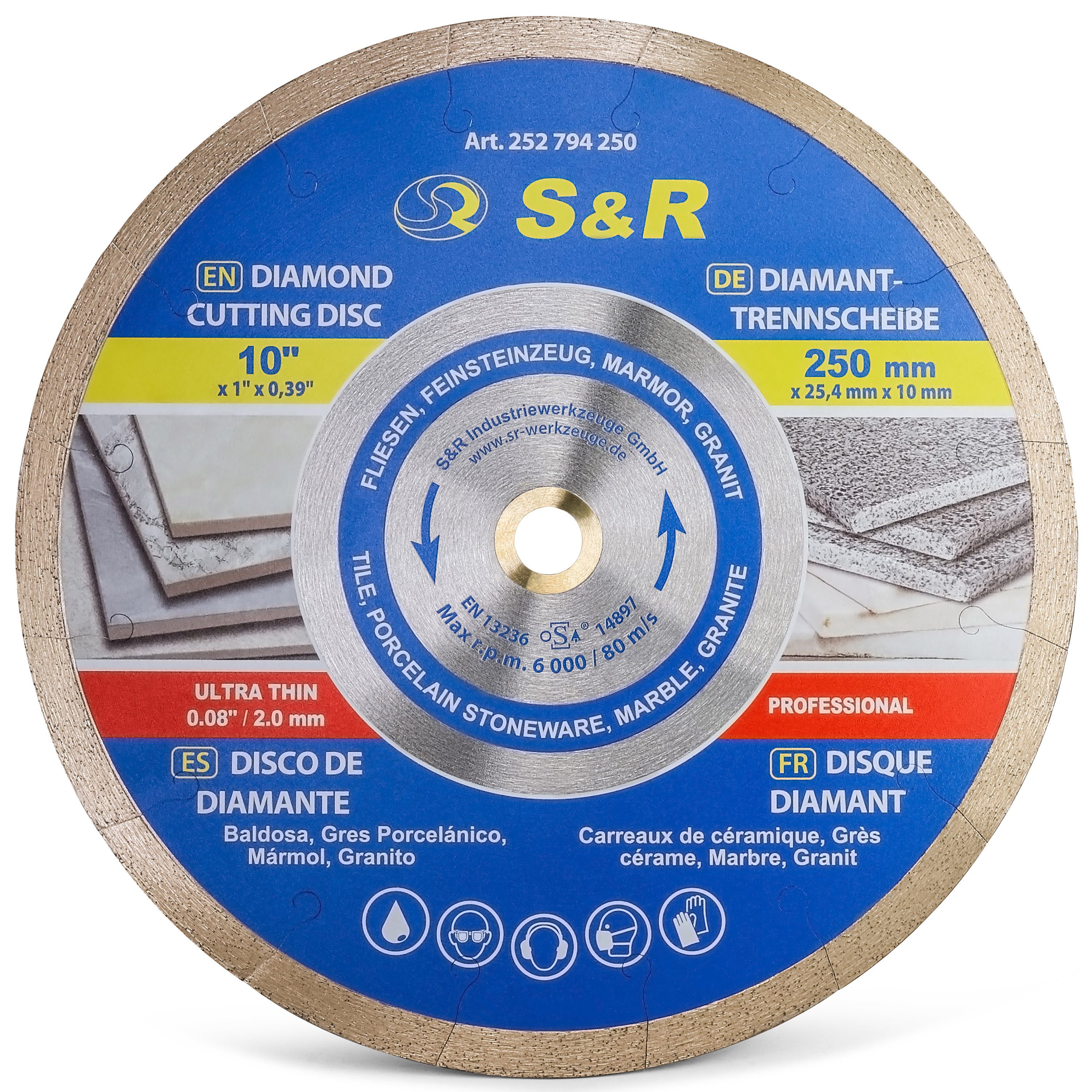 S&R Diamanttrennscheibe 250x25,4x7mm (1,6 mm extra dünn), Trennscheibe für sauberes Trennen, Ø 250 mm, von Fliesen, Porzellan, Keramik, Feinsteinzeug, Granit, Marmor