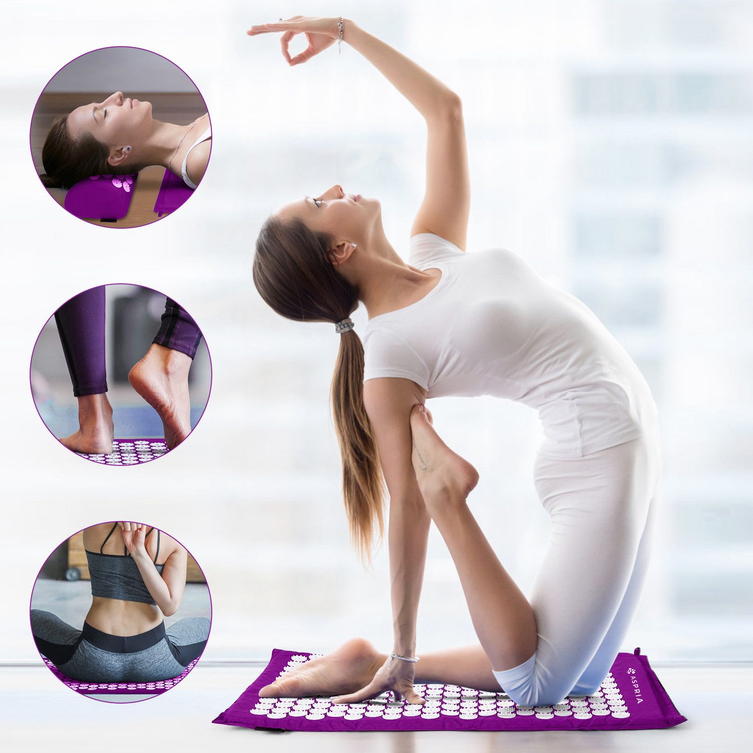 ASPRIA Yogamatte Akupressur-Set, Akupressurmatte & Akupressurkiss zur Entspannung, Whigre Akupressur-Set