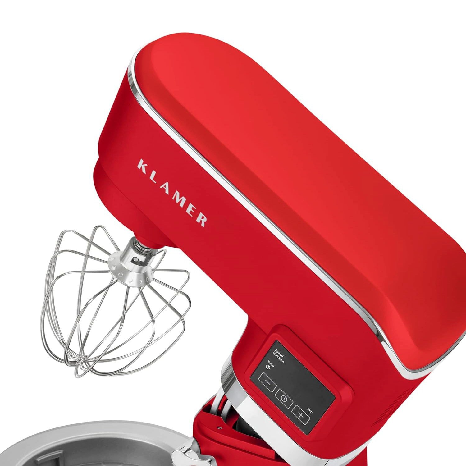 KLAMER Küchenmaschine 1400W, Knetmaschine mit 5,5 Liter Edelstahl Schüssel, 6 Geschwindigkeitsstufen mit Timer, Rührbesen, Knethaken, Schneebesen und Spritzschutz, rot, 1400 W, 5,5 l Schüssel, Spritzschutz, 3 Aufsätze, Saugfüße, digitales Display, Timer
