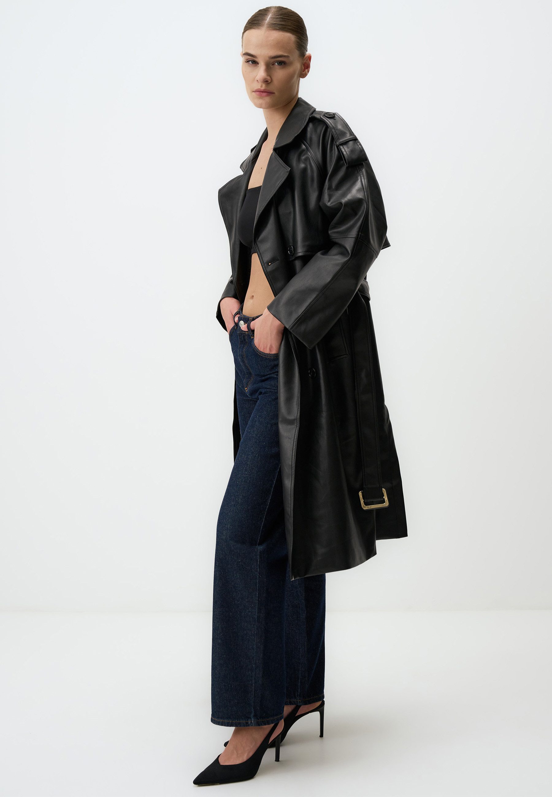 Jimmy Key Trenchcoat Schwarzer Leder-Trenchcoat Mit günstig online kaufen