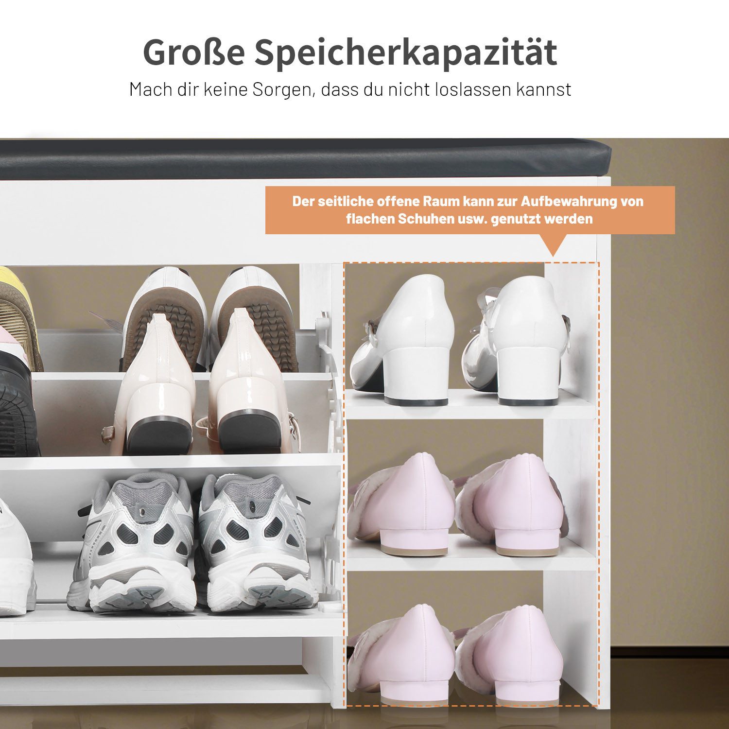 oyajia Schuhbank Sitzbank mit Stauraum, 2 offene Fächer, bis 140kg belastbar (1 Tür und 2 Fächer, mit Sitzkissen, Platz Hausschuhe, Lederschuhe, High Heels, Spo – Bild 4 von 5