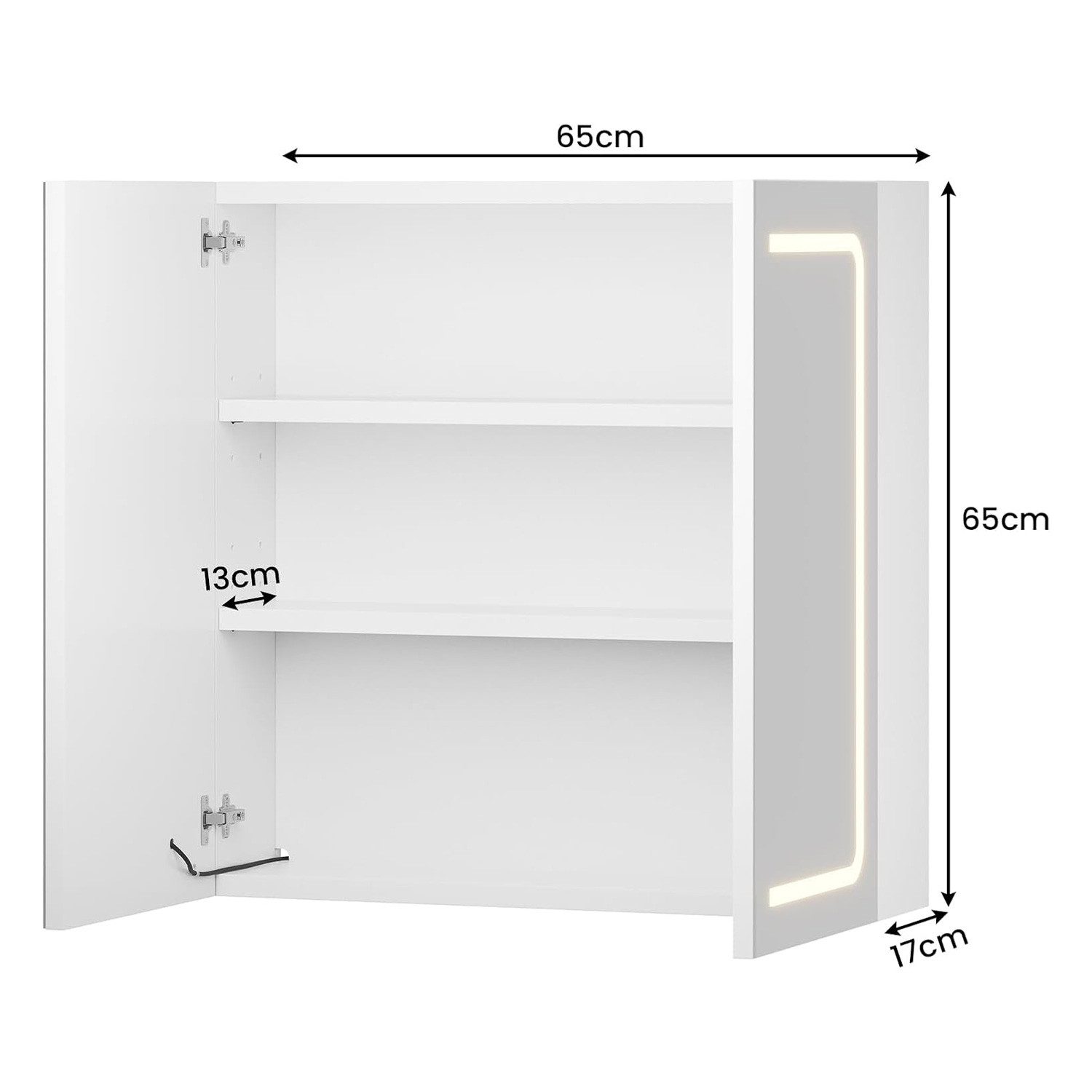 MSMASK Badezimmerspiegelschrank mit LED-Beleuchtung, Sensorschalter, 17 x 65 x 65 cm, Weiß (1-St) 2 Türen & verstellbare Ablage – Bild 2 von 5