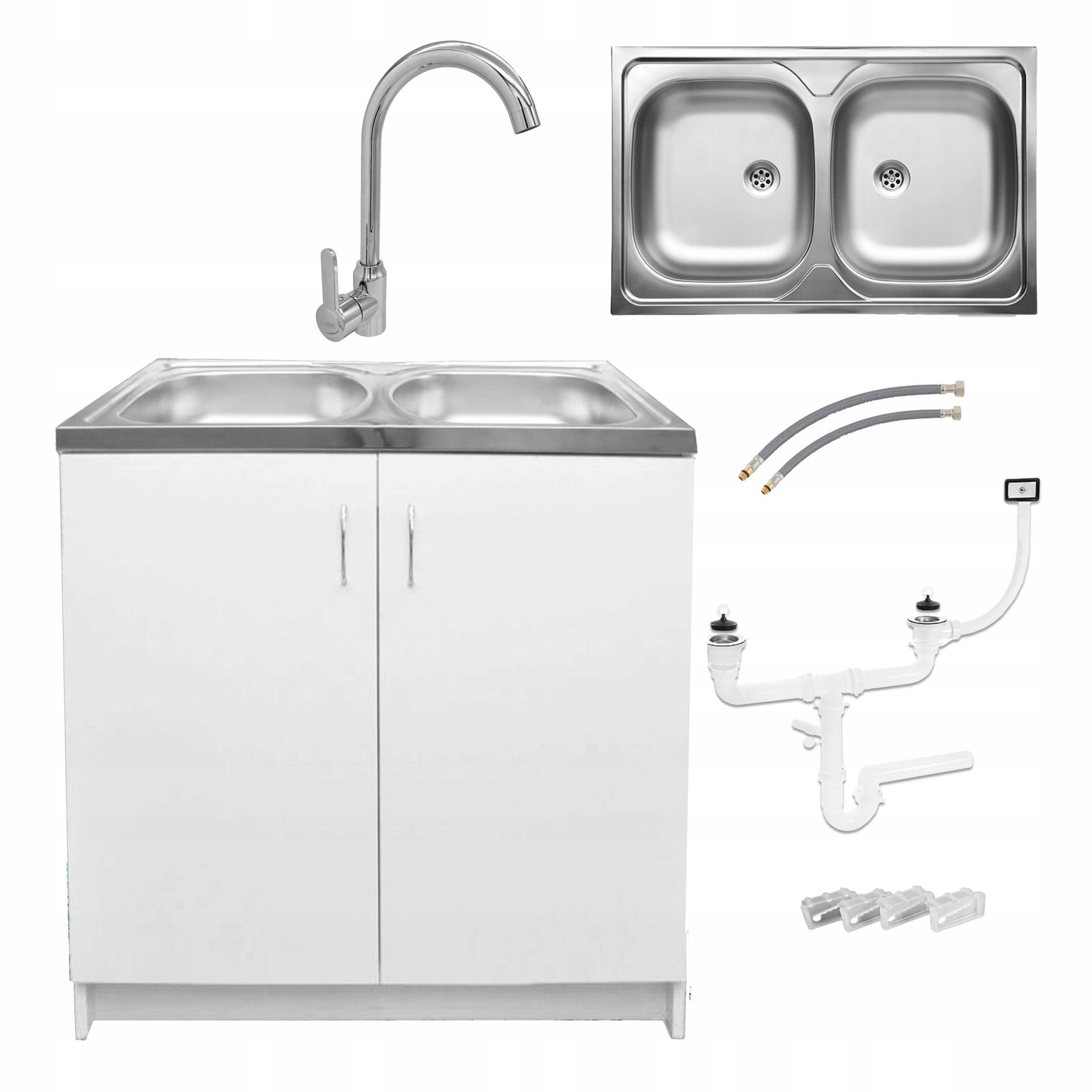 STAMAR Spülenschrank Komplettset 80cm Weiß Doppelspüle Edelstahl Armatur Siphon Unterschrank stehend Doppelspüle 80x50 Hohe Armatur matt 36,5cm Set