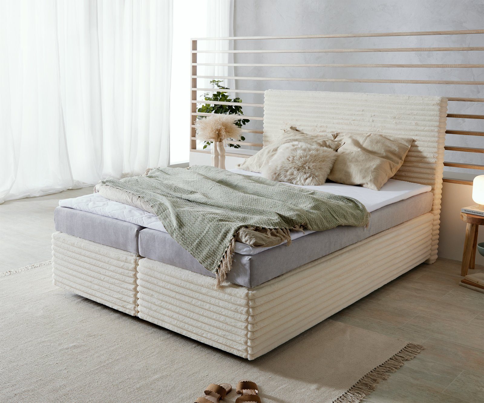 DELIFE Boxspringbett Dream-Well, Plüsch-Cord Beige 140x200 günstig online kaufen