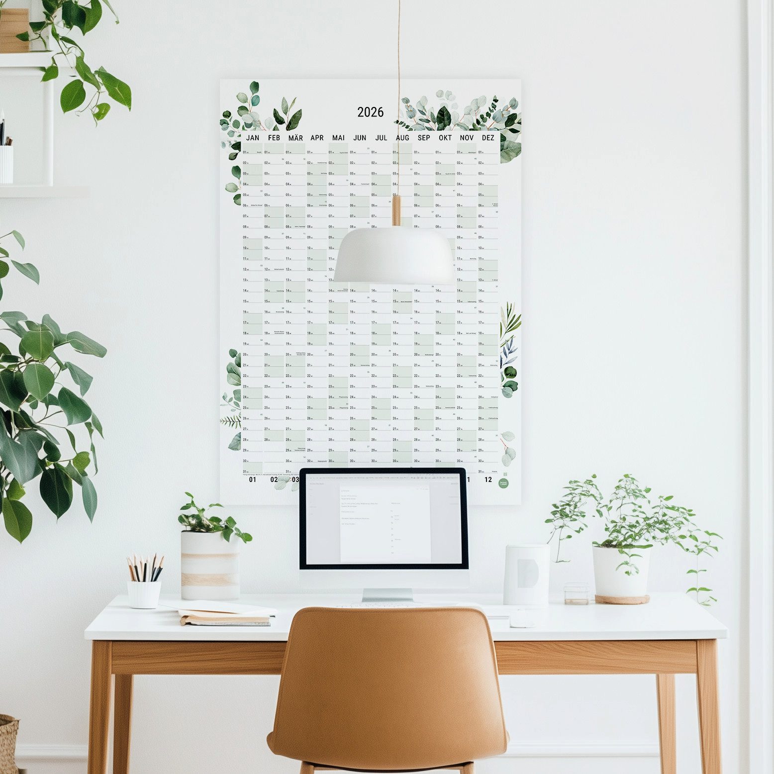 heaven+paper Jahresplaner A1 Wandplaner 2026 Green Hochformat, hochwertig verarbeitet & modern, Hergestellt in Deutschland