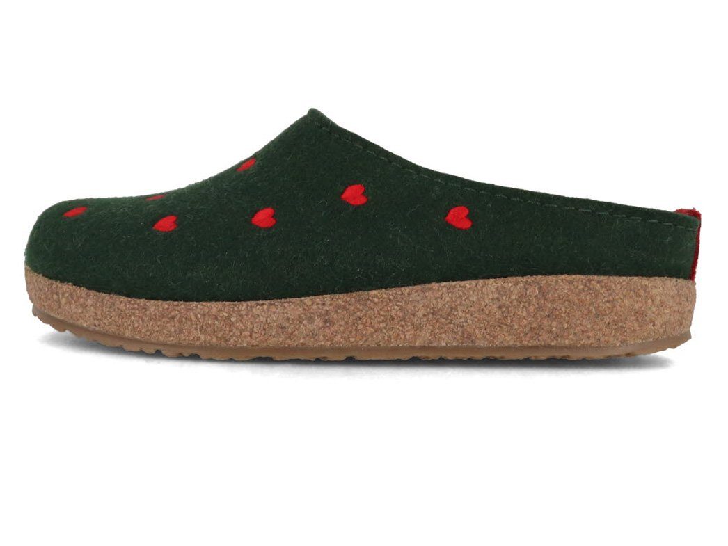 Haflinger Grizzly Cuoricino Damen Filzpantoffeln, Winterhausschuh, Clogs, temperaturregulierend, Hausschuh Herzen, eibe grün