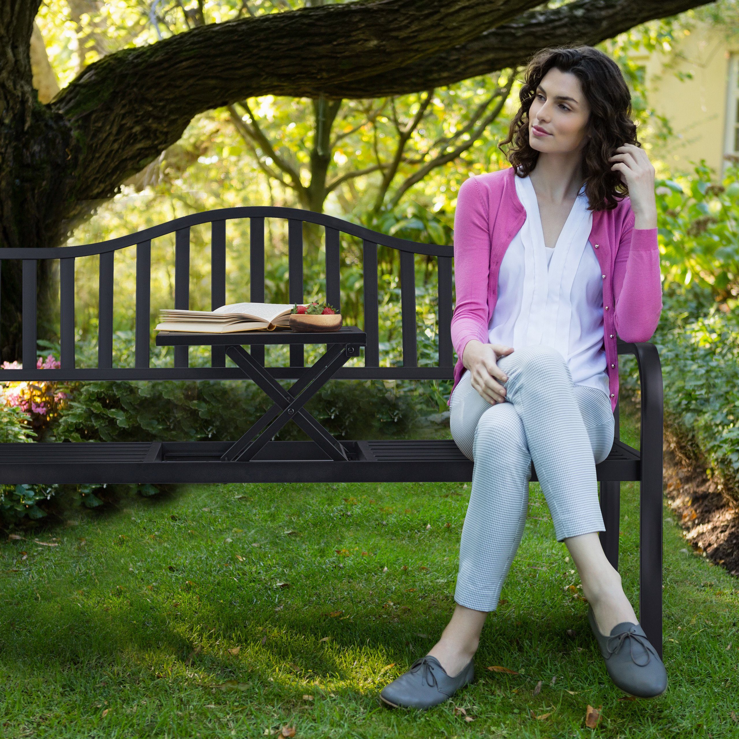 relaxdays Gartenbank mit Klapptisch, Schwarz-Bronze