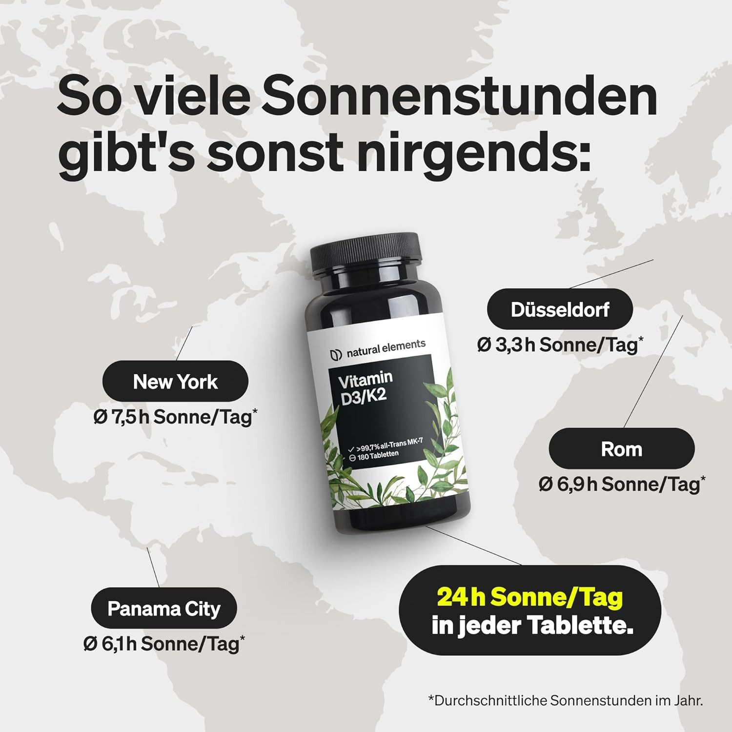 natural elements Vitamin D3 + K2 Depot – 180 Tabletten – Premium-Qualität Tabletten, 1 er hochdosiert, ohne Zusätze – laborgeprüfte Qualität à 180 St., 45 g, K2VITAL® von Kappa – 99,7+% All-Trans K2-MK7 + 5000 IE Vitamin D3
