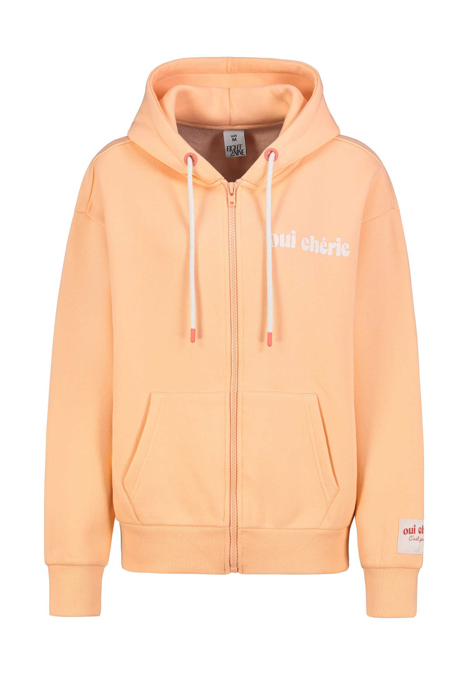 Eight2Nine Kapuzensweatjacke Damen ZIP Sweatjacke mit Backprint Hoodie, Kapuzenpullover, Zipperjacke mit Kängurutasche und Kapuze