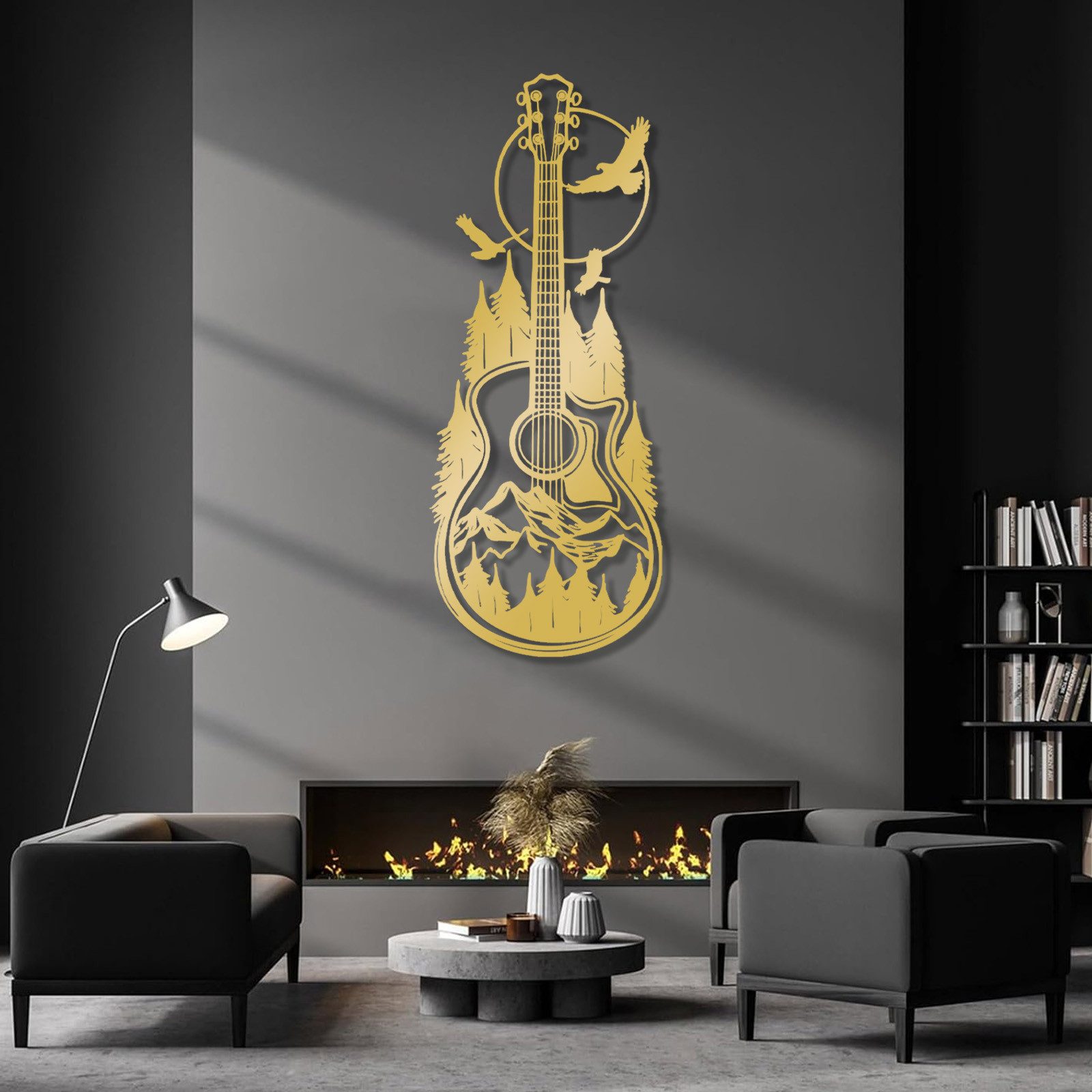Jumpeak Wanddekoobjekt Bergwald Gitarre Wanddekoration,Abstrakte Sonne,Vogel,Musik Elemente, Metallmaterial, 4 Farben, 4 Größen